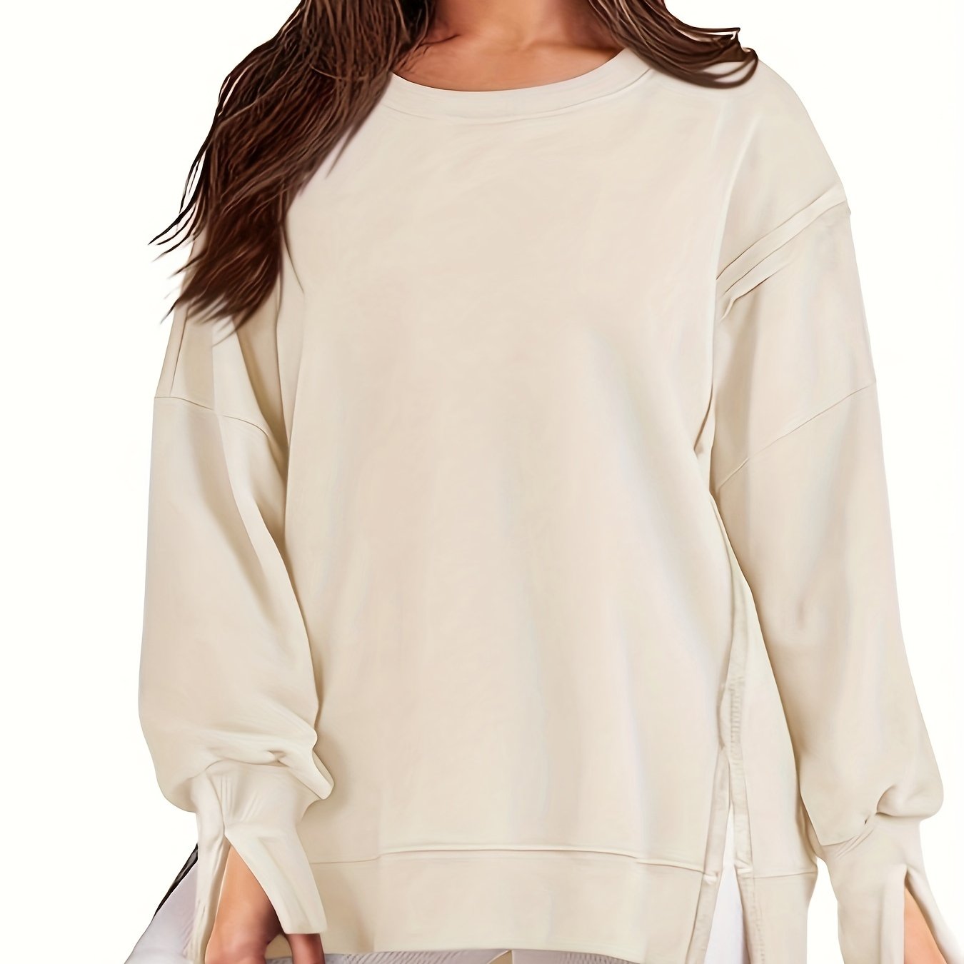 Top-stitching Dipped Hem Pullover Sweatshirt, Casual Long Sleeve Crew Neck Sweatshirt For Fall & Winter, Women's Clothing