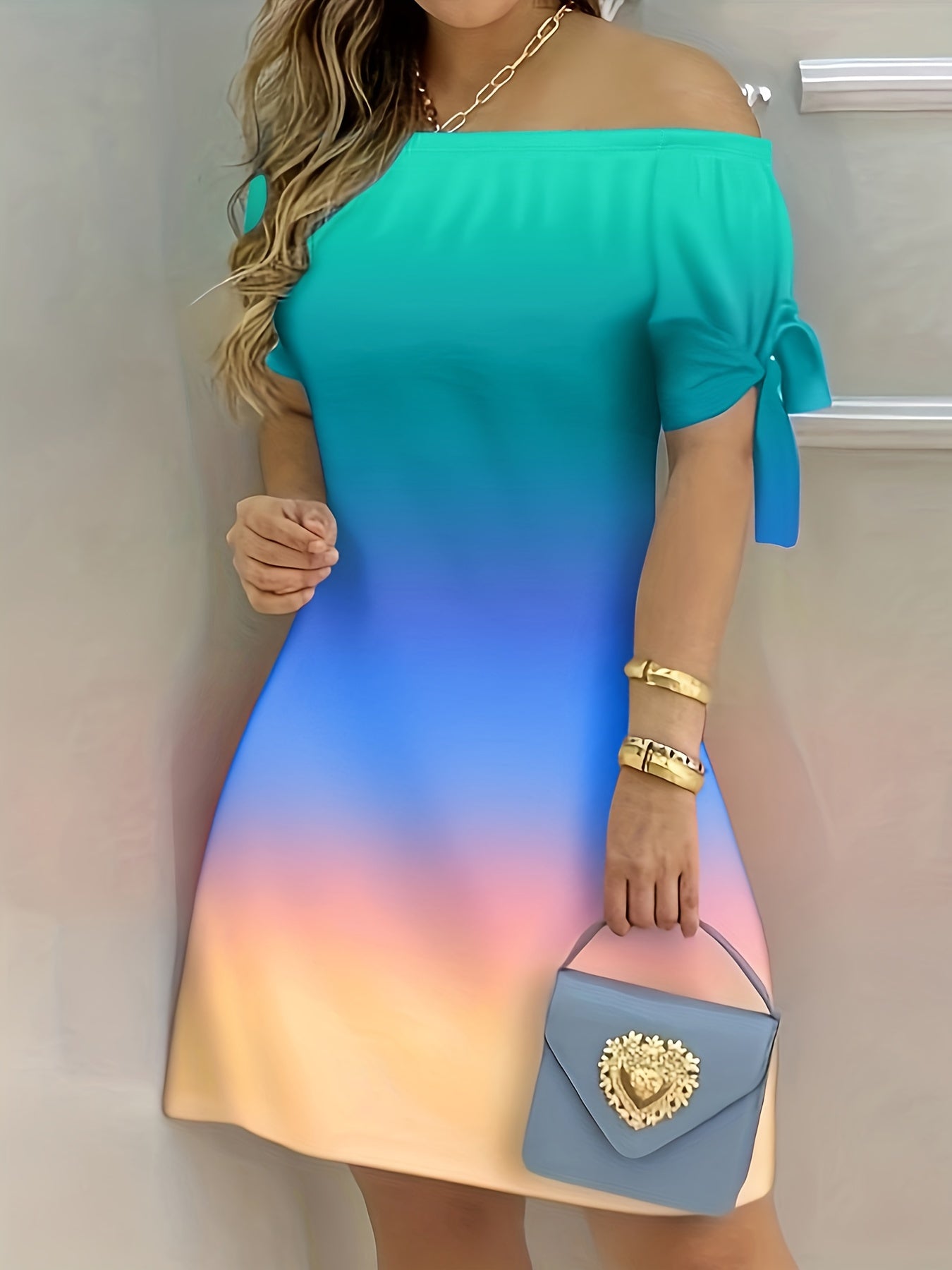 gbolsos Color Block Off Shoulder Dress, Elegant Backless Short Sleeve Dress For Spring & Summer, Women's Clothing