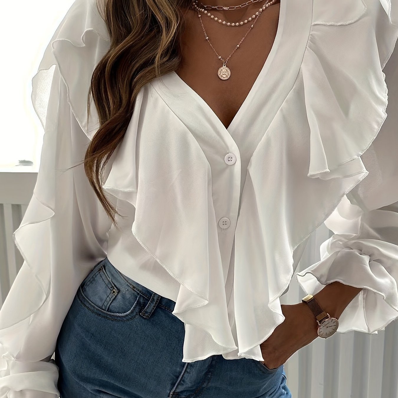 gbolsos Ruffle Trim Solid Blouse, Sexy V Neck Button Front Long Sleeve Blouse, Women's Clothing