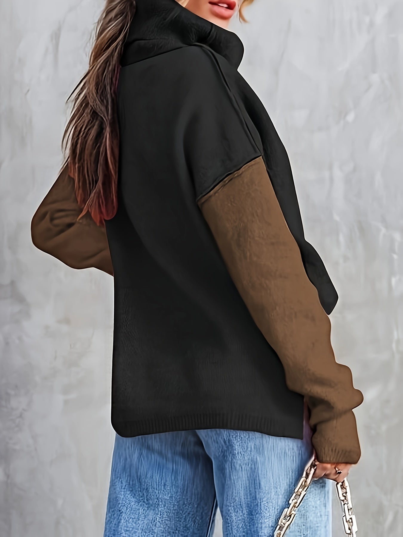 gbolsos Color Block Turtle Neck Pullover Sweater, Casual Long Sleeve Split Side Sweater For Fall & Winter, Women's Clothing