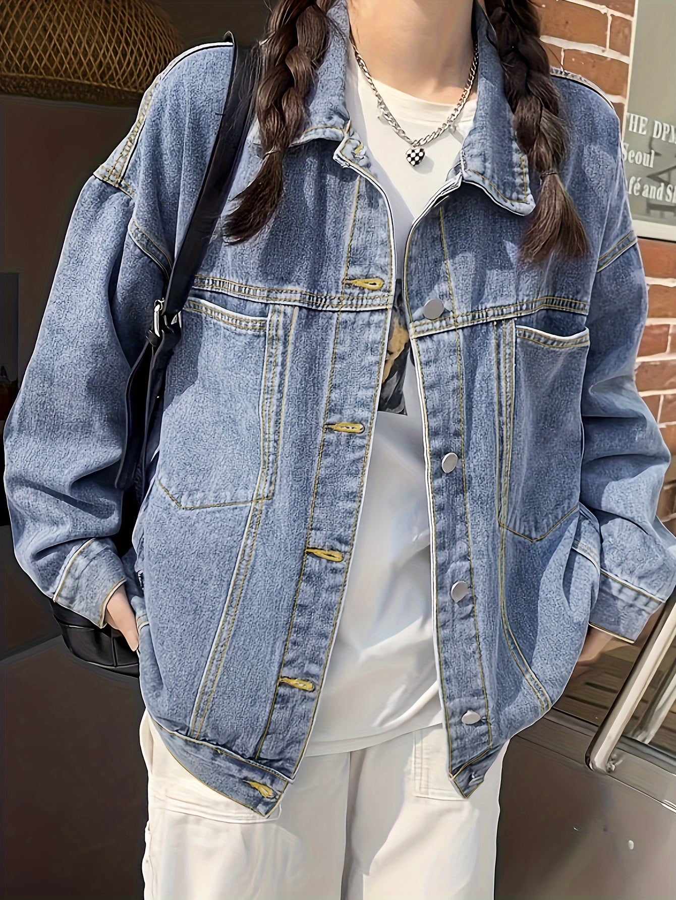 gbolsos Plain Loose Fit Denim Jackets, Patch Pockets Long Sleeves Lapel Versatile Denim Coats, Women's Denim Clothing