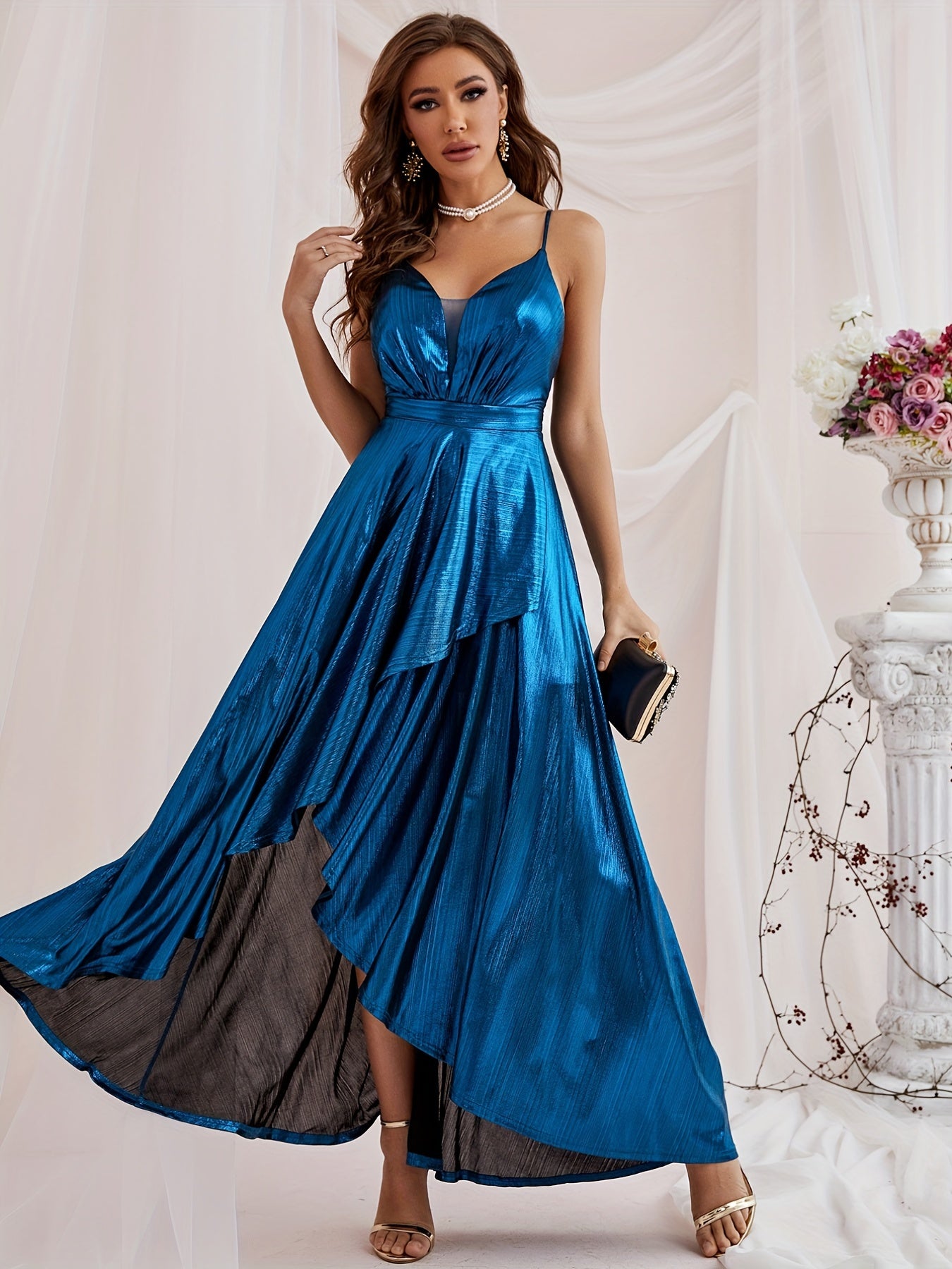gbolsos Ruffle Hem Cami Bridesmaid Dress, Elegant Backless Dress For Wedding Party, Women's Clothing