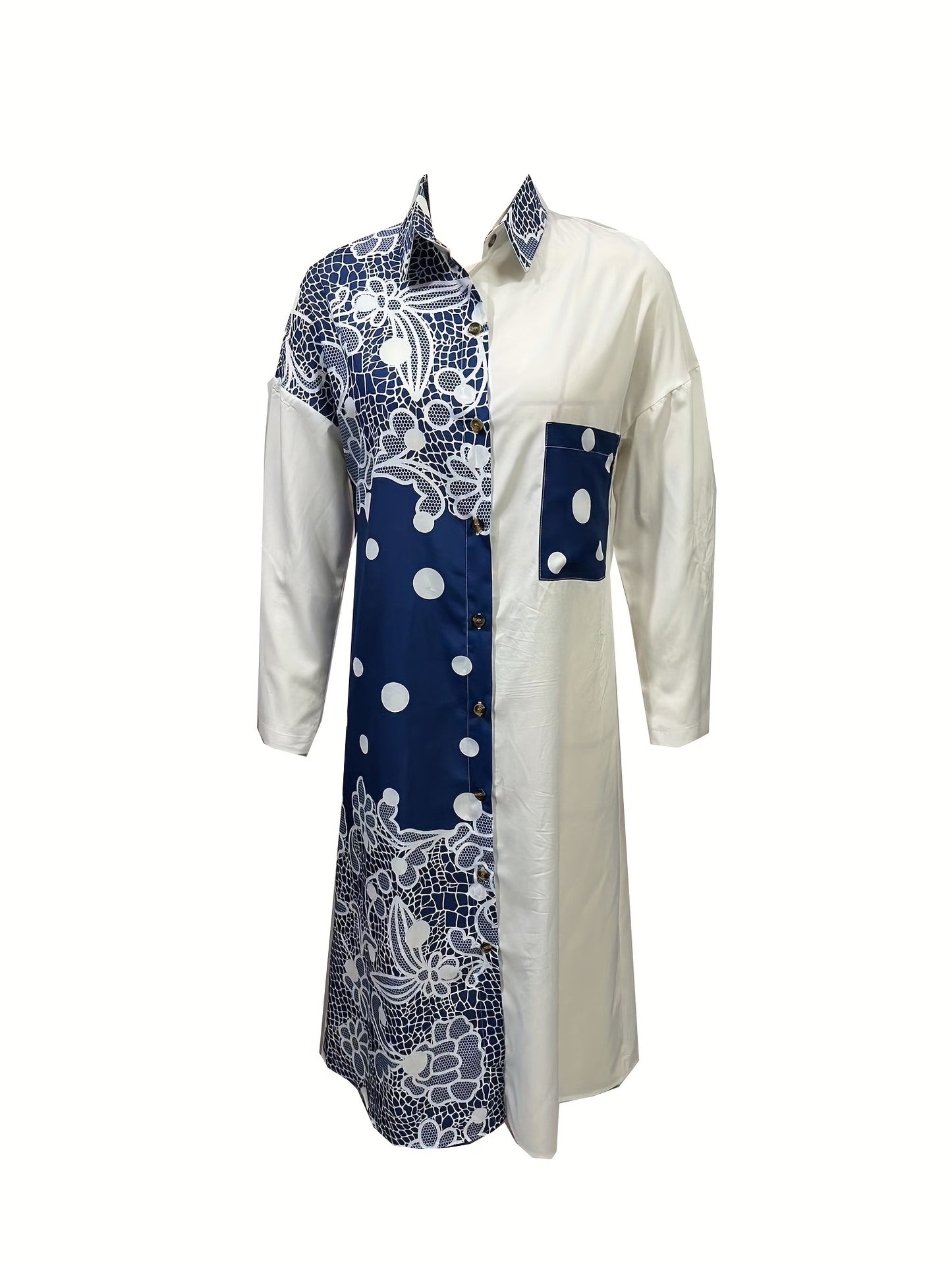 Graphic Print Splicing Dress, Casual Button Front Long Sleeve Dress, Women's Clothing