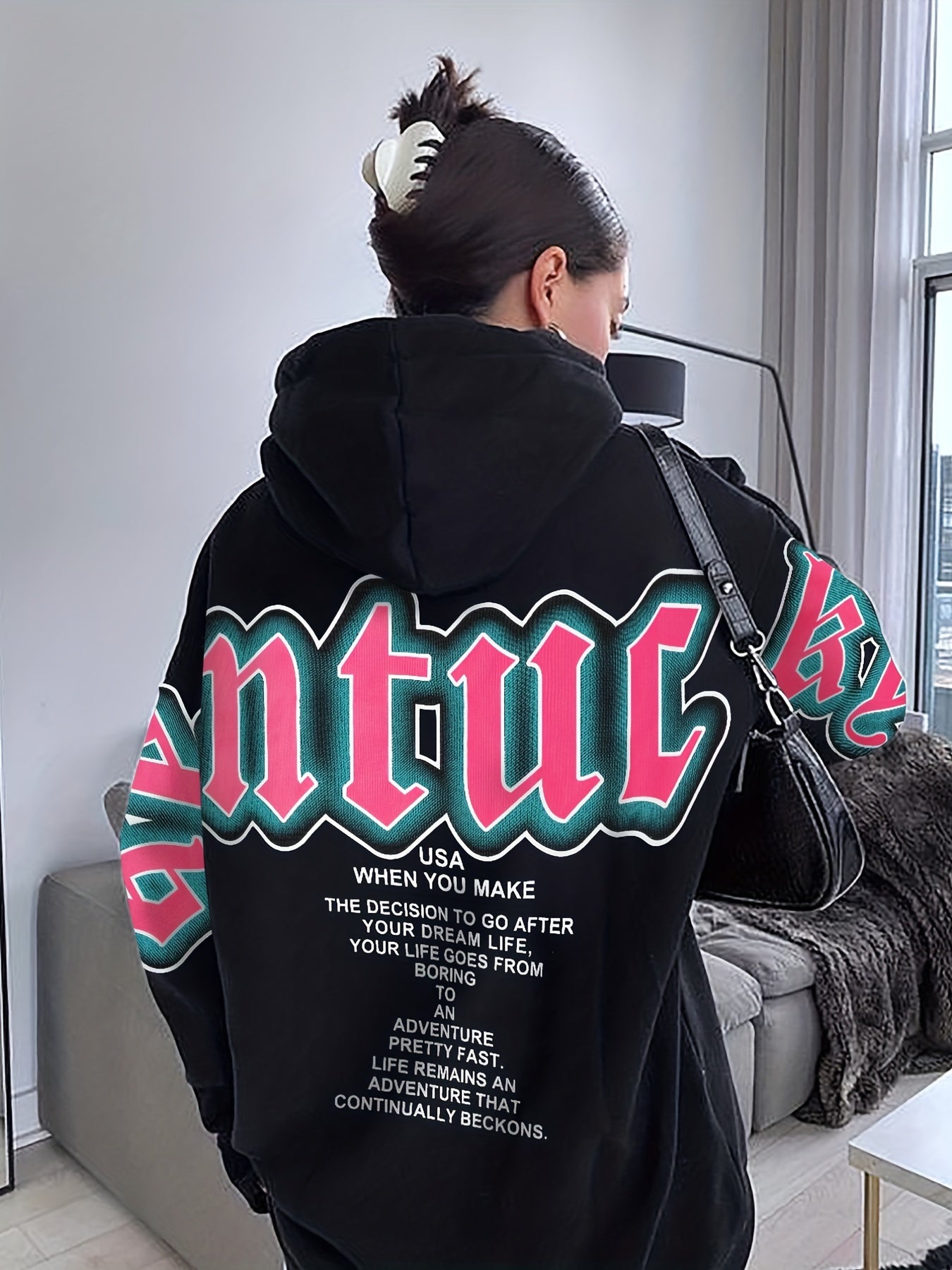 gbolsos Letter Print Loose Hoodie, Casual Long Sleeve Hoodies Sweatshirt, Women's Clothing