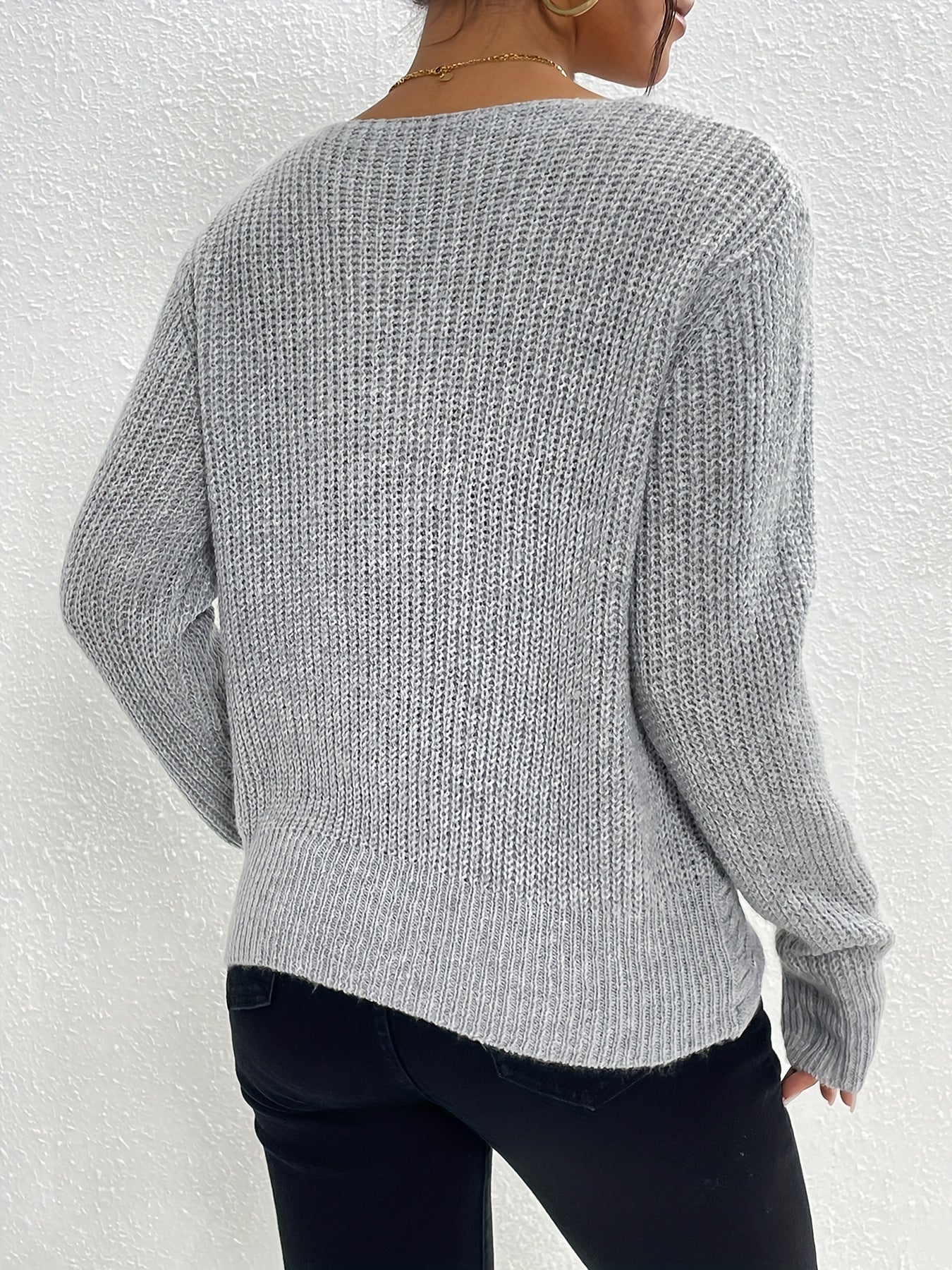 Twist Front V Neck Sweater, Casual Long Sleeve Sweater For Fall & Winter, Women's Clothing