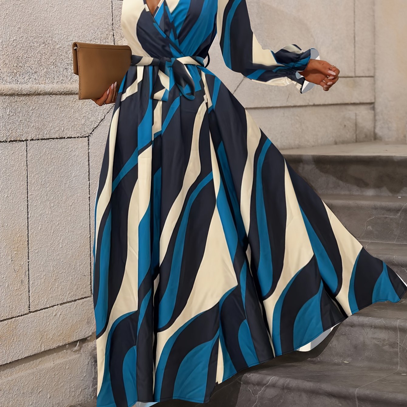 Zebra Stripe Print Lantern Sleeve Dress, Casual Tie-waist Surplice Neck Dress For Spring & Fall, Women's Clothing