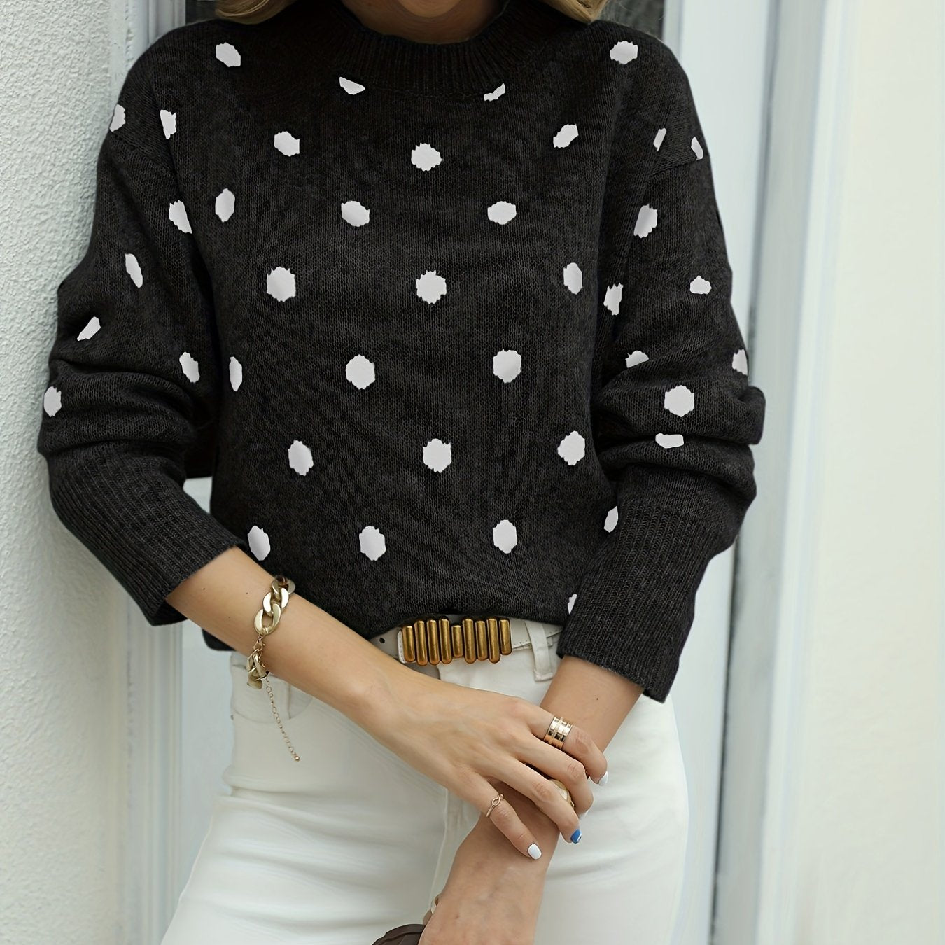 gbolsos Polka Dot Crew Neck Pullover Sweater, Casual Long Sleeve Sweater For Fall & Winter, Women's Clothing