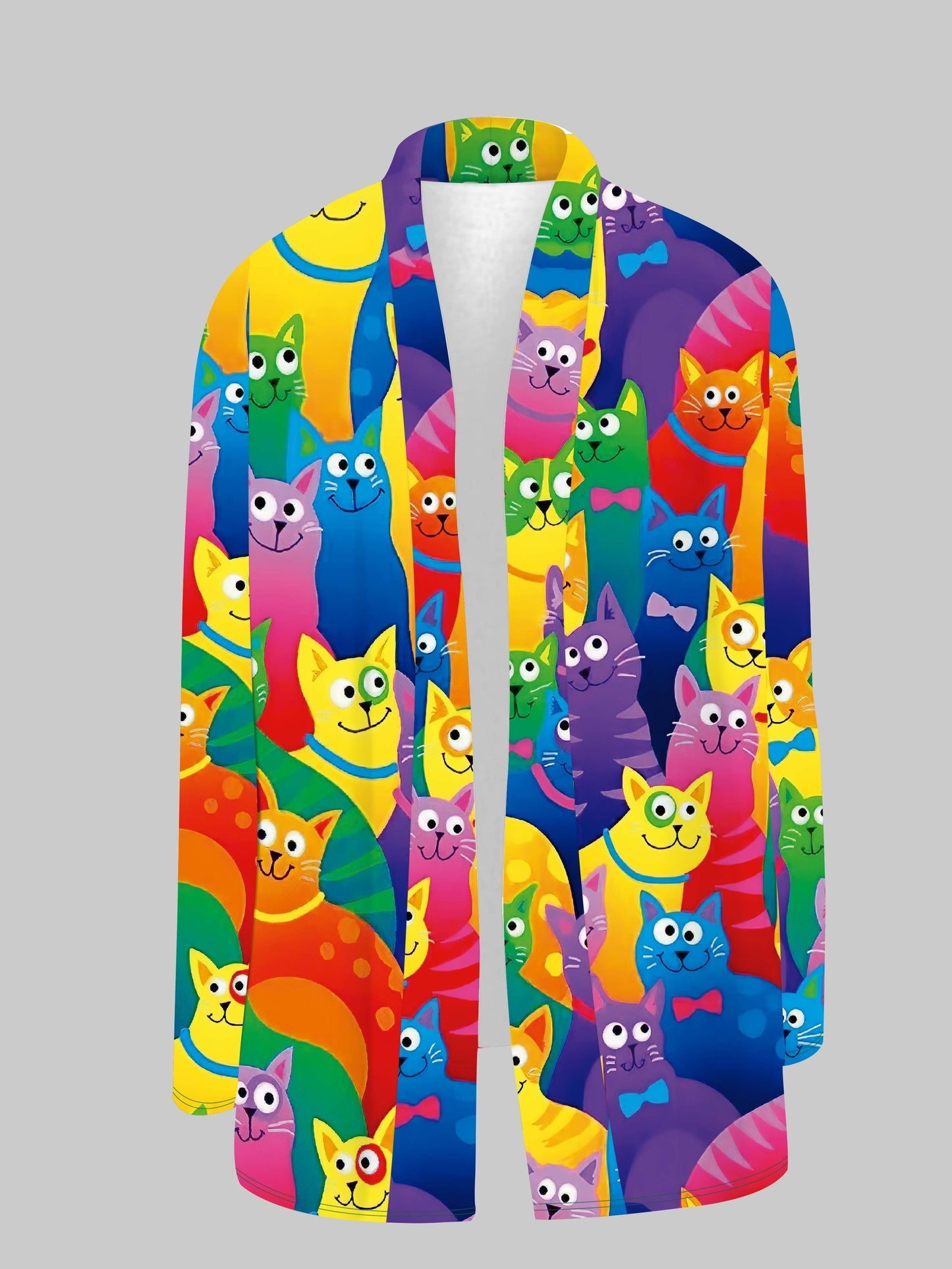 gbolsos Colorful Cat Print Open Front Cardigan, Casual Long Sleeve Cardigan For Spring & Fall, Women's Clothing