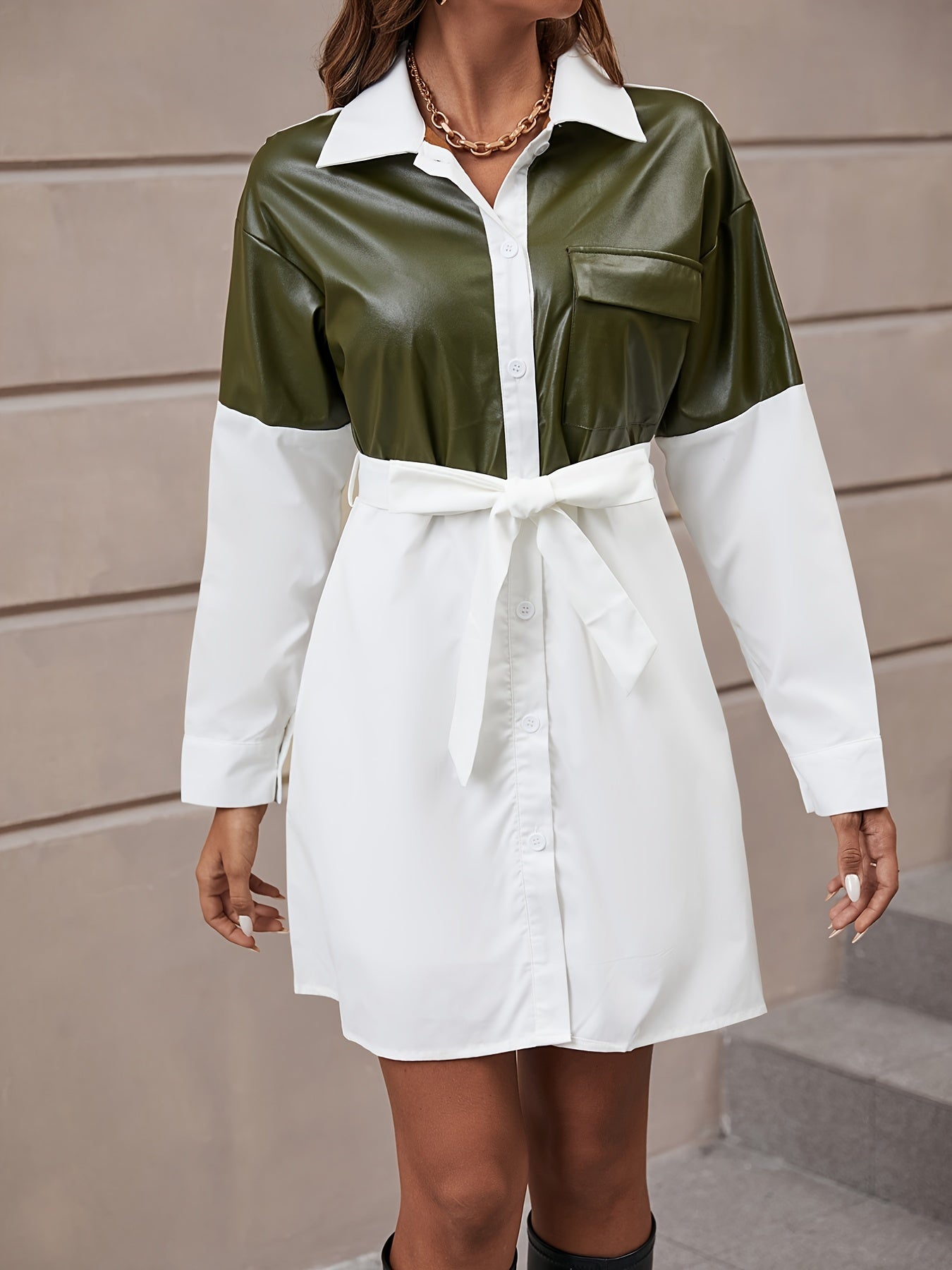 gbolsos Lapel Color Block Dress, Casual Loose Long Sleeve V-neck Belt Waist Dresses, Women's Clothing