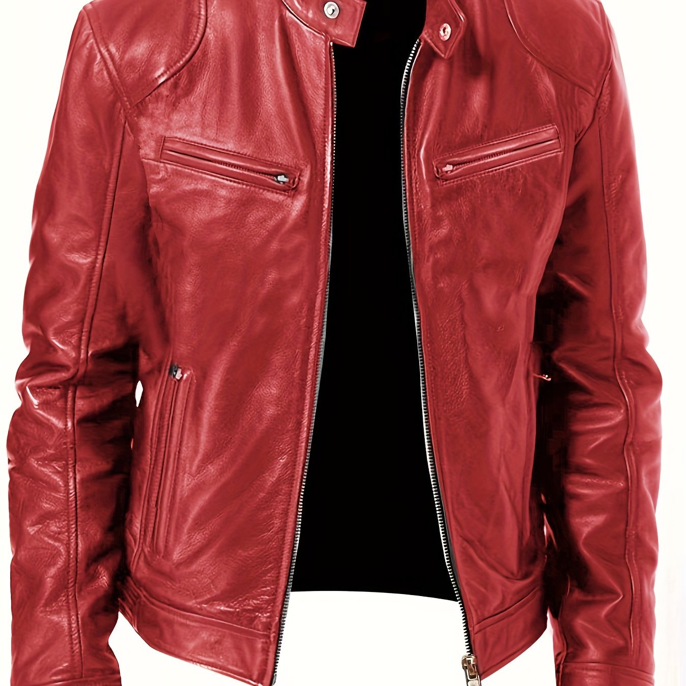 gbolsos Zipper Pockets PU Jacket, Men's Casual Solid Color Zip Up Stand Collar Faux Leather Jacket For Spring Fall