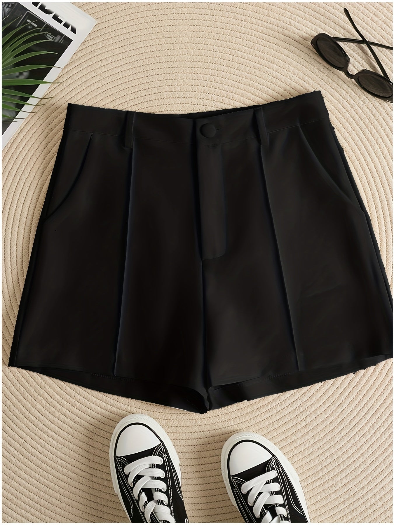 gbolsos Solid Color High Waist Shorts, Casual Zipper Front Shorts For Spring & Summer, Women's Clothing