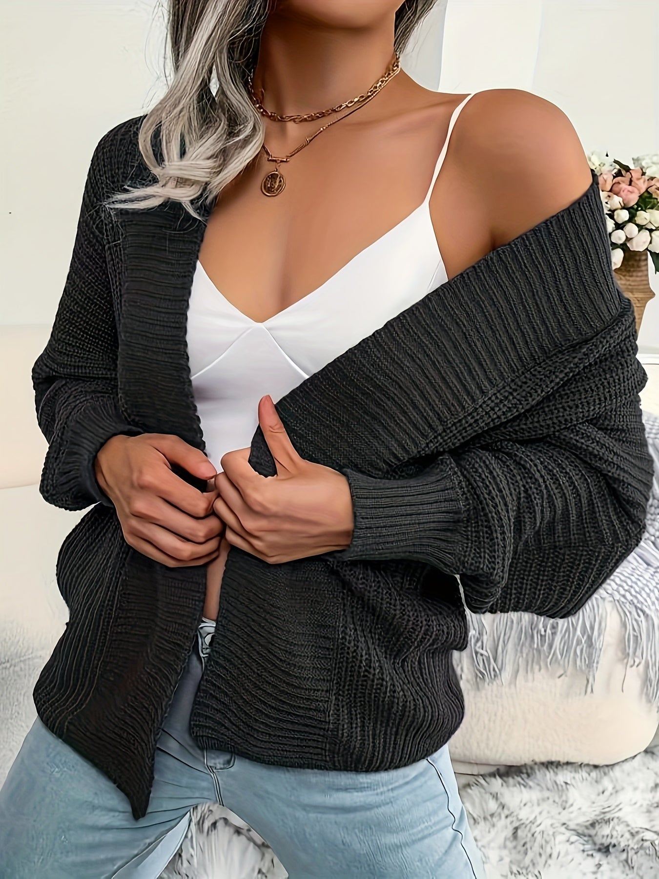 2025 gbolsos Solid Open Front Knit Cardigan, Casual Batwing Sleeve Loose Sweater, Women's Clothing
