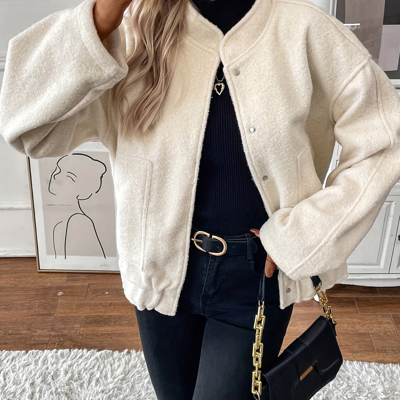 gbolsos Button Front Top-stitching Jacket, Casual Long Sleeve Slant Pockets Jacket For Fall & Winter, Women's Clothing