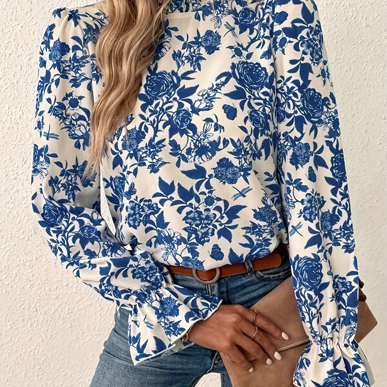gbolsos Floral Print Keyhole Blouse, Casual High Neck Ruffle Long Sleeve Blouse, Women's Clothing