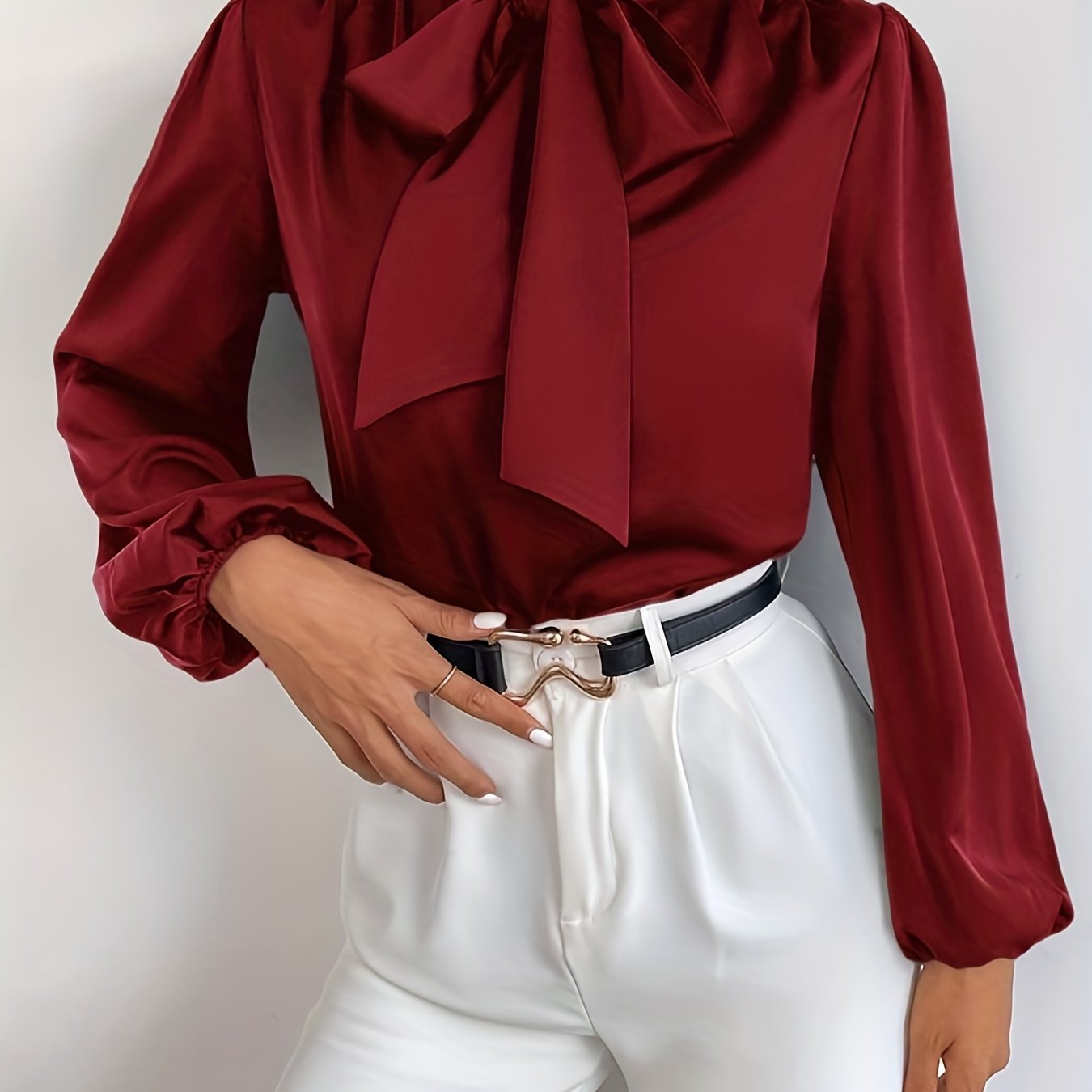gbolsos Tie Neck Lantern Sleeve Blouse, Elegant Solid Blouse For Office & Work, Women's Clothing