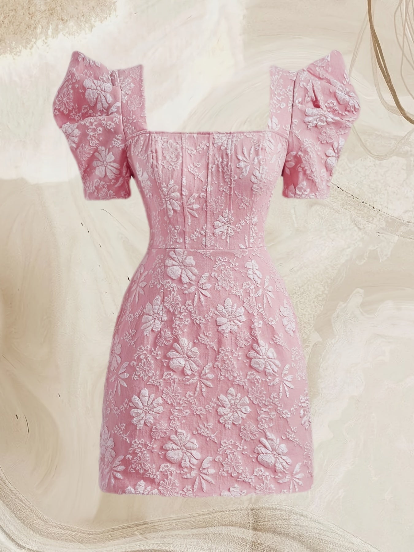 Solid Color Puff Sleeve Dress, Elegant Square Neck Dress For Spring & Summer, Women's Clothing