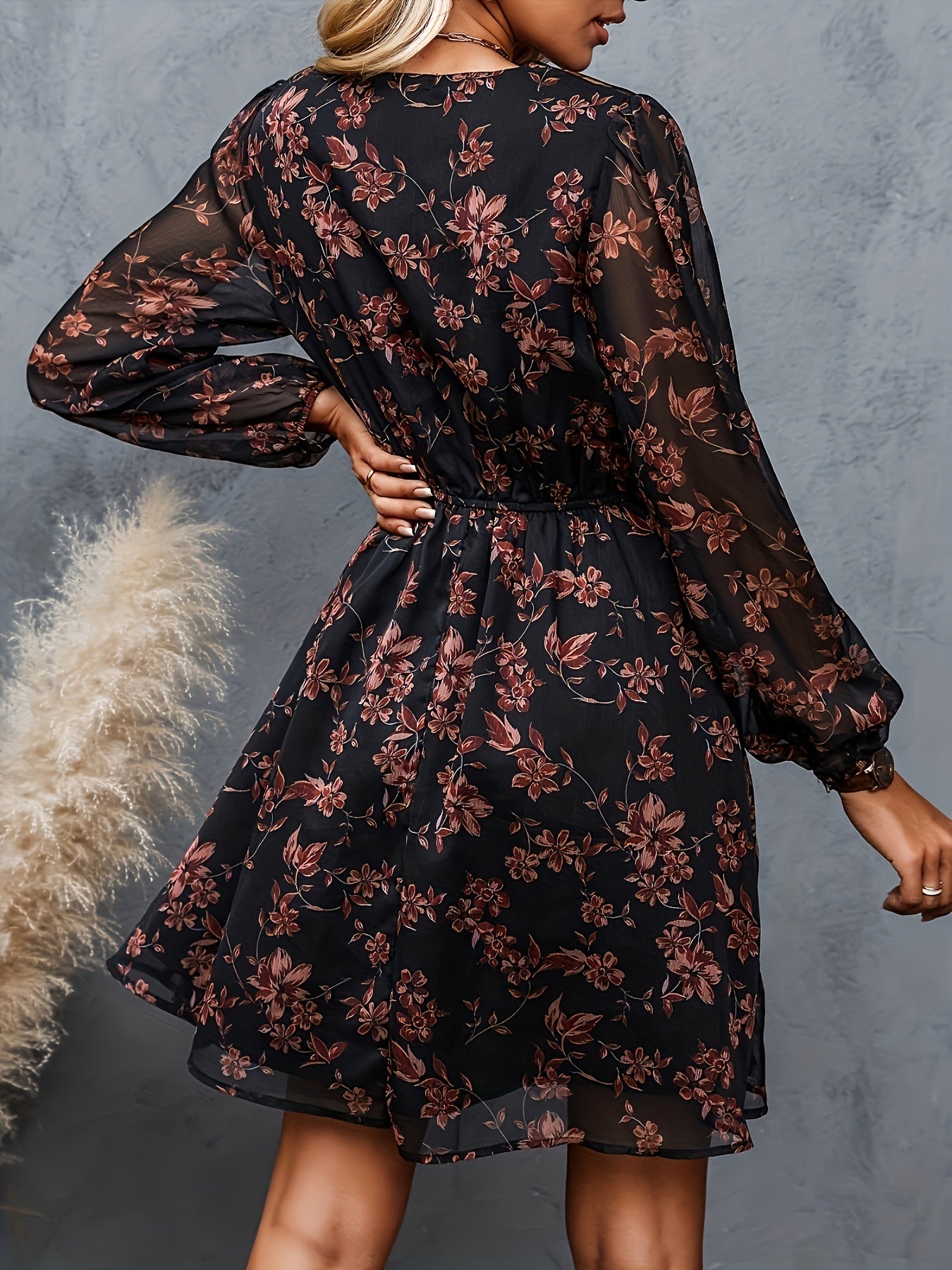 gbolsos Floral Print Surplice Neck Dress, Elegant Long Sleeve Dress, Women's Clothing