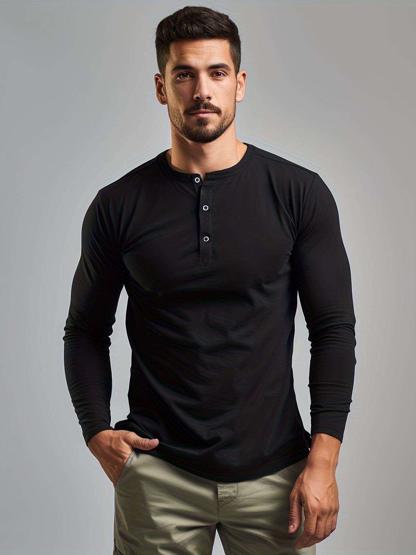 gbolsos Retro Style Men's Solid Long Sleeve Henry Tee, Men's Casual Comfy Clothing For Spring Fall