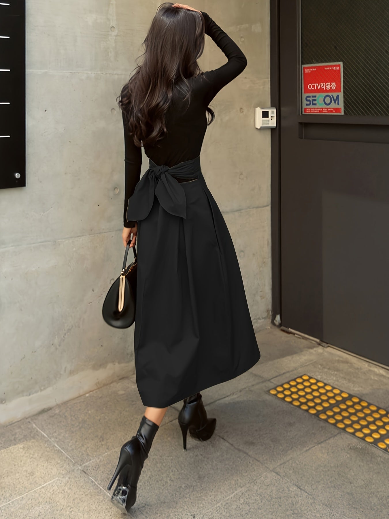 gbolsos Solid Color High Waist Skirt, Casual Bow Front Skirt For Spring & Fall, Women's Clothing