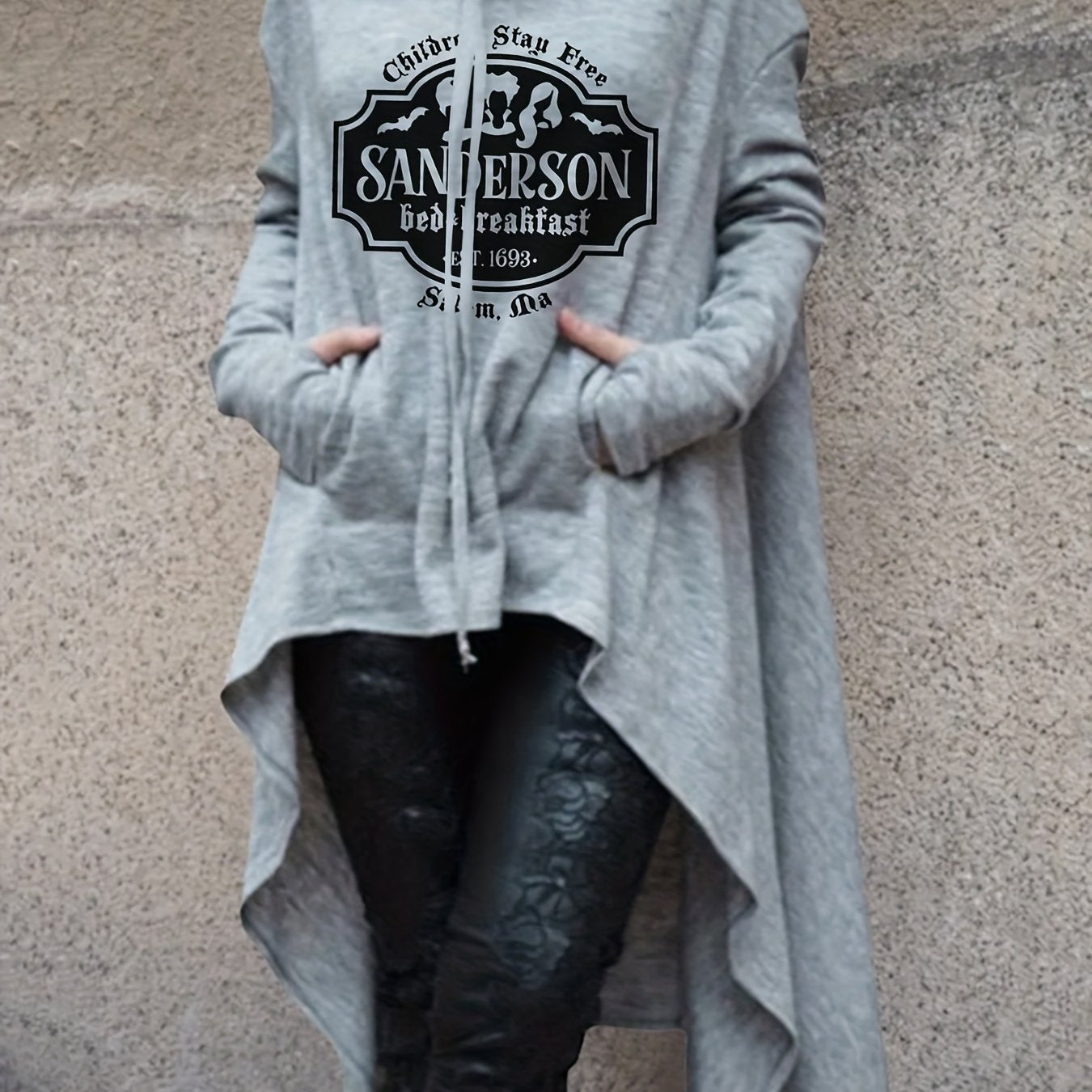 Halloween Letter Print Dipped Hem Hoodie, Casual Long Sleeve Drawstring Hoodies Sweatshirt, Women's Clothing