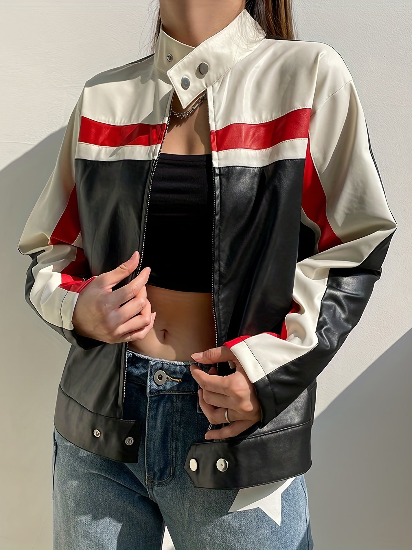 gbolsos Color Block Zip Up Jacket, Streetwear Long Sleeve Outerwear, Women's Clothing