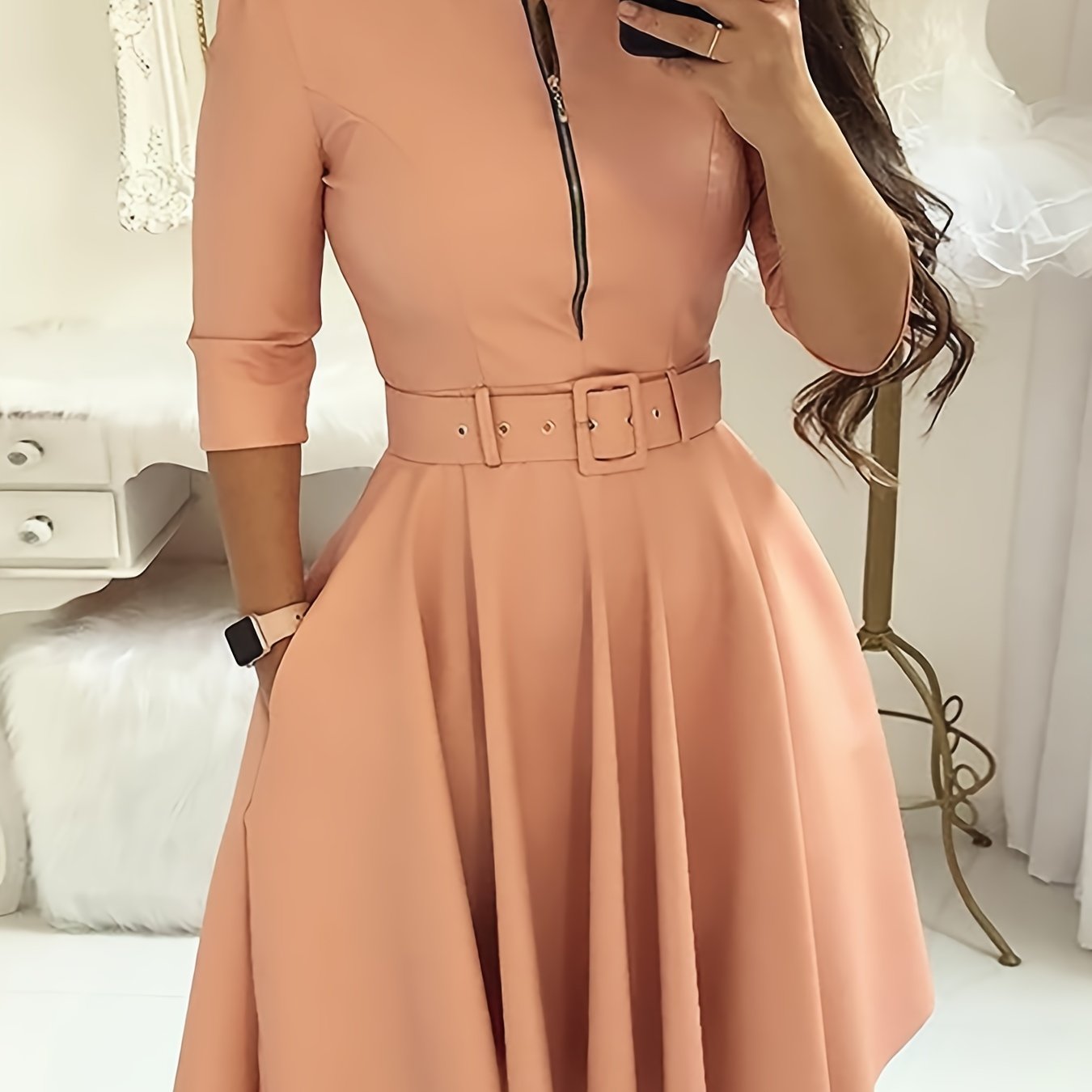 gbolsos Women's Dresses Solid Crew Neck Zipper Dresses