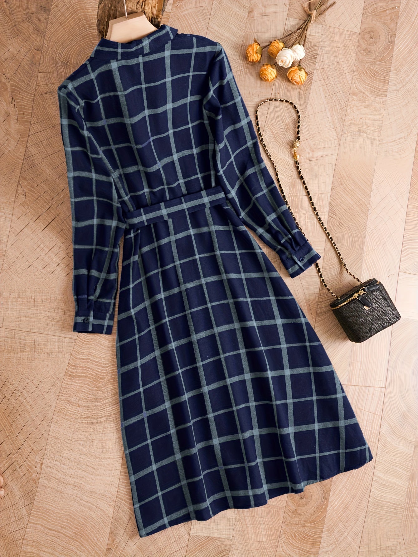 gbolsos Plaid Print Button Front Dress, Elegant Long Sleeve Dress, Women's Clothing