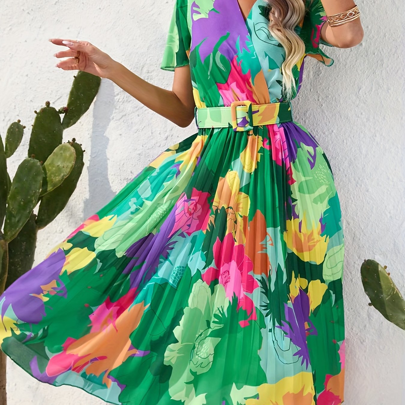 gbolsos Floral Print Pleat Dress With Belt, Boho Surplice Neck Short Sleeve Dress For Spring & Summer, Women's Clothing