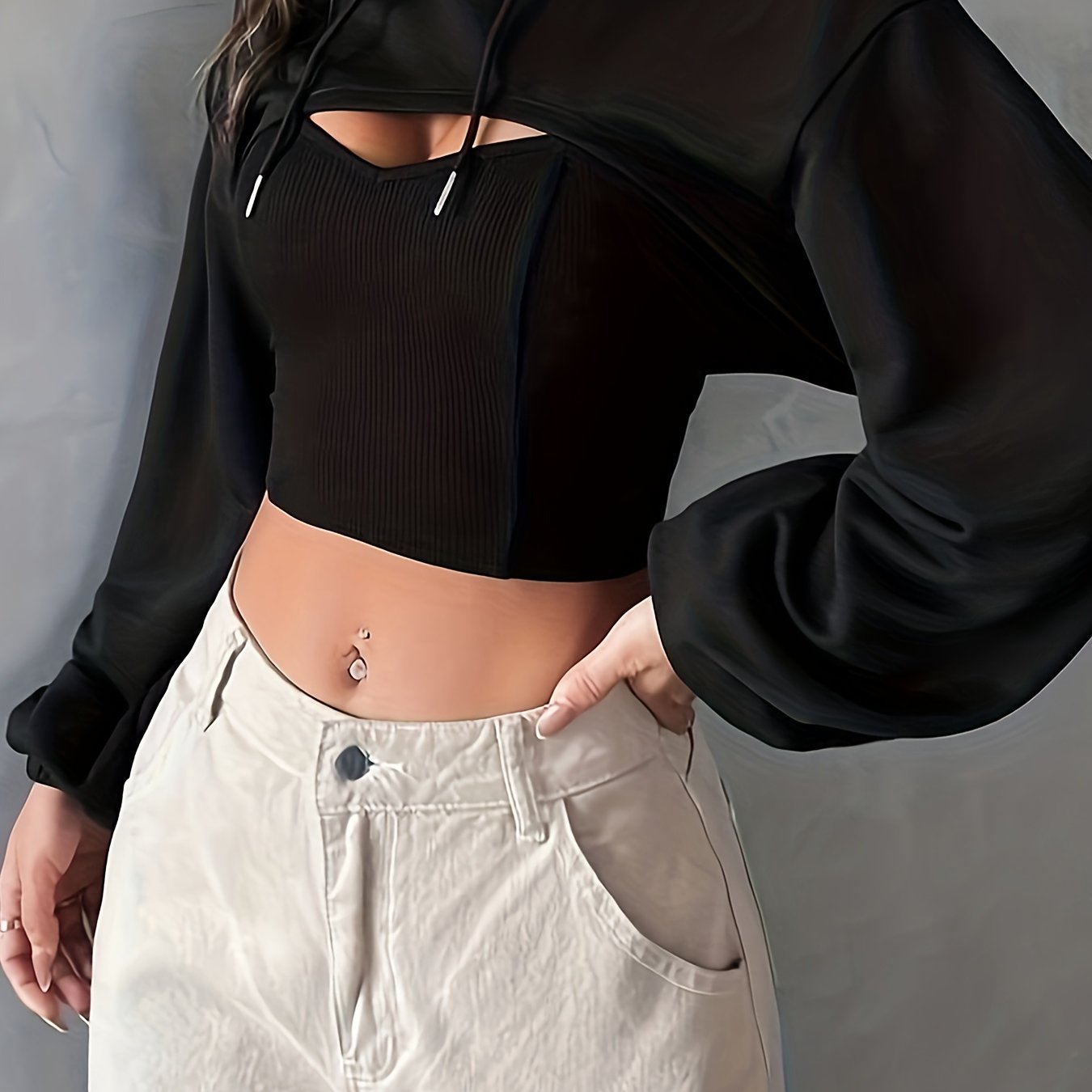 Solid Crop Drawstring Hoodie, Casual Dipped Hem Long Sleeve Fashion Sweatshirt, Women's Clothing