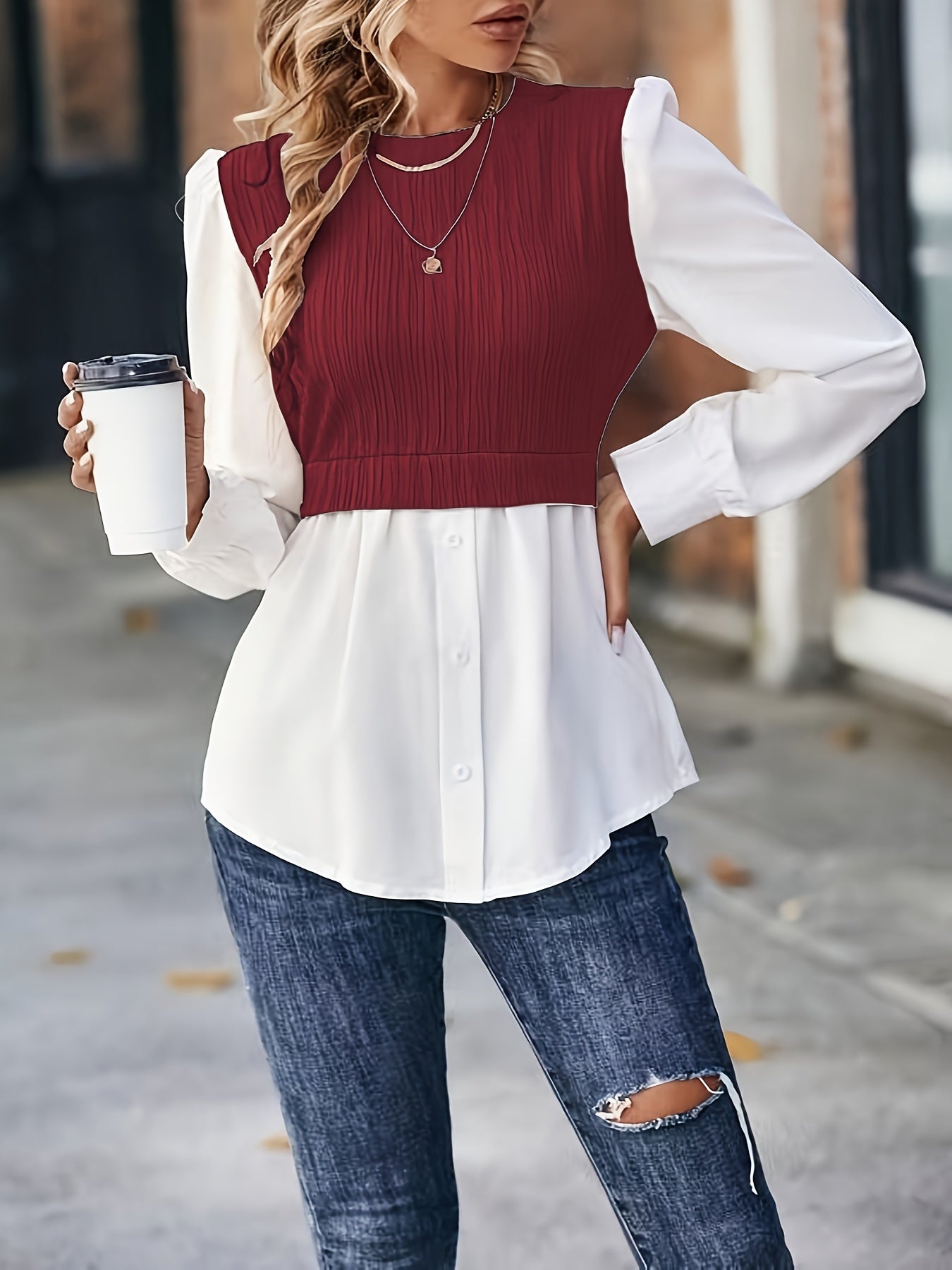 gbolsos Color Block Stitching Blouse, Elegant Crew Neck Long Sleeve Blouse, Women's Clothing
