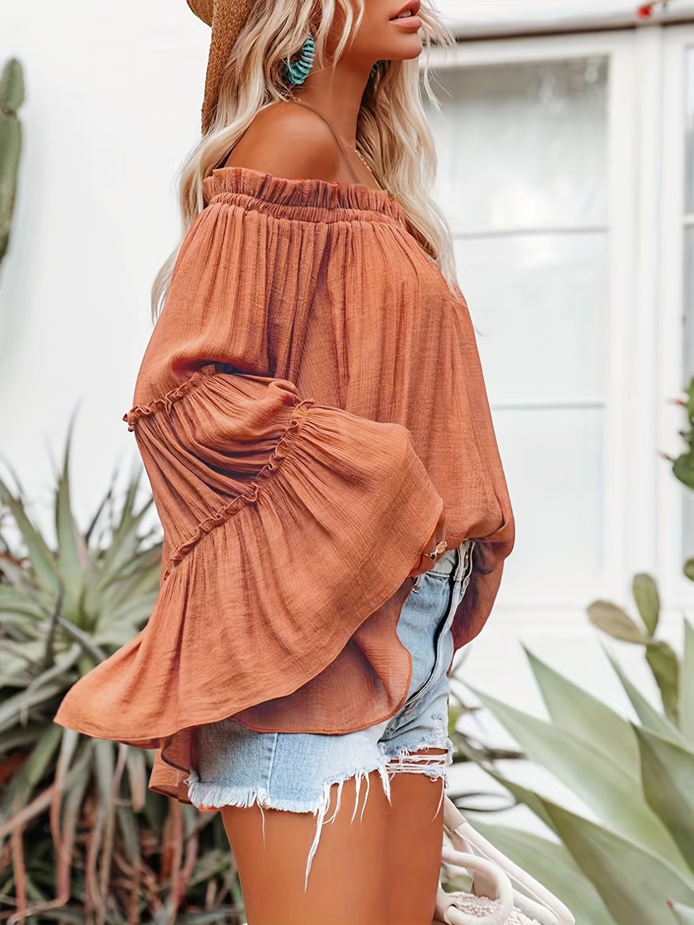 gbolsos Ruched Spaghetti Strap Blouse, Vacation Solid Lettuce Trim Cold Shoulder Blouse, Women's Clothing