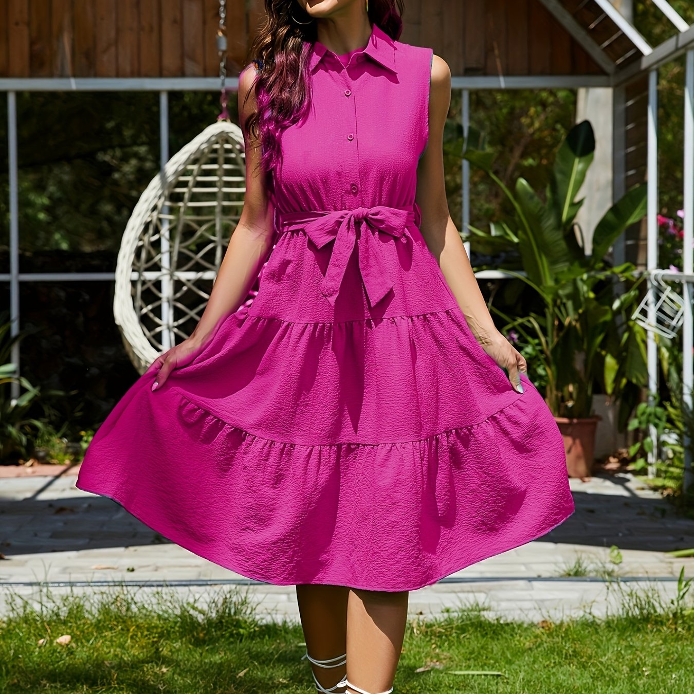 gbolsos Shirt Collar Belted Tiered Dress, Sleeveless Summer Vacation Casual Dress, Women's Clothing