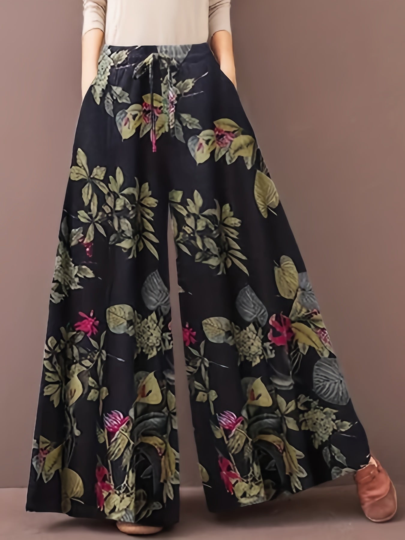 Plus Size Casual Pants, Women's Plus Floral Print Wide Leg Loose Drawstring Pants With Pockets