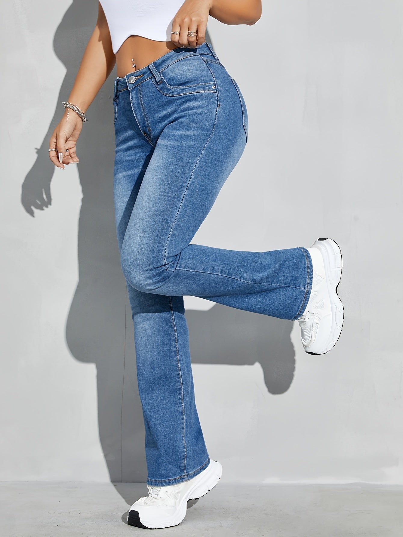 gbolsos High Stretch Casual Bootcut Jeans, Slant Pockets Washed Denim Pants, Women's Denim Jeans & Clothing