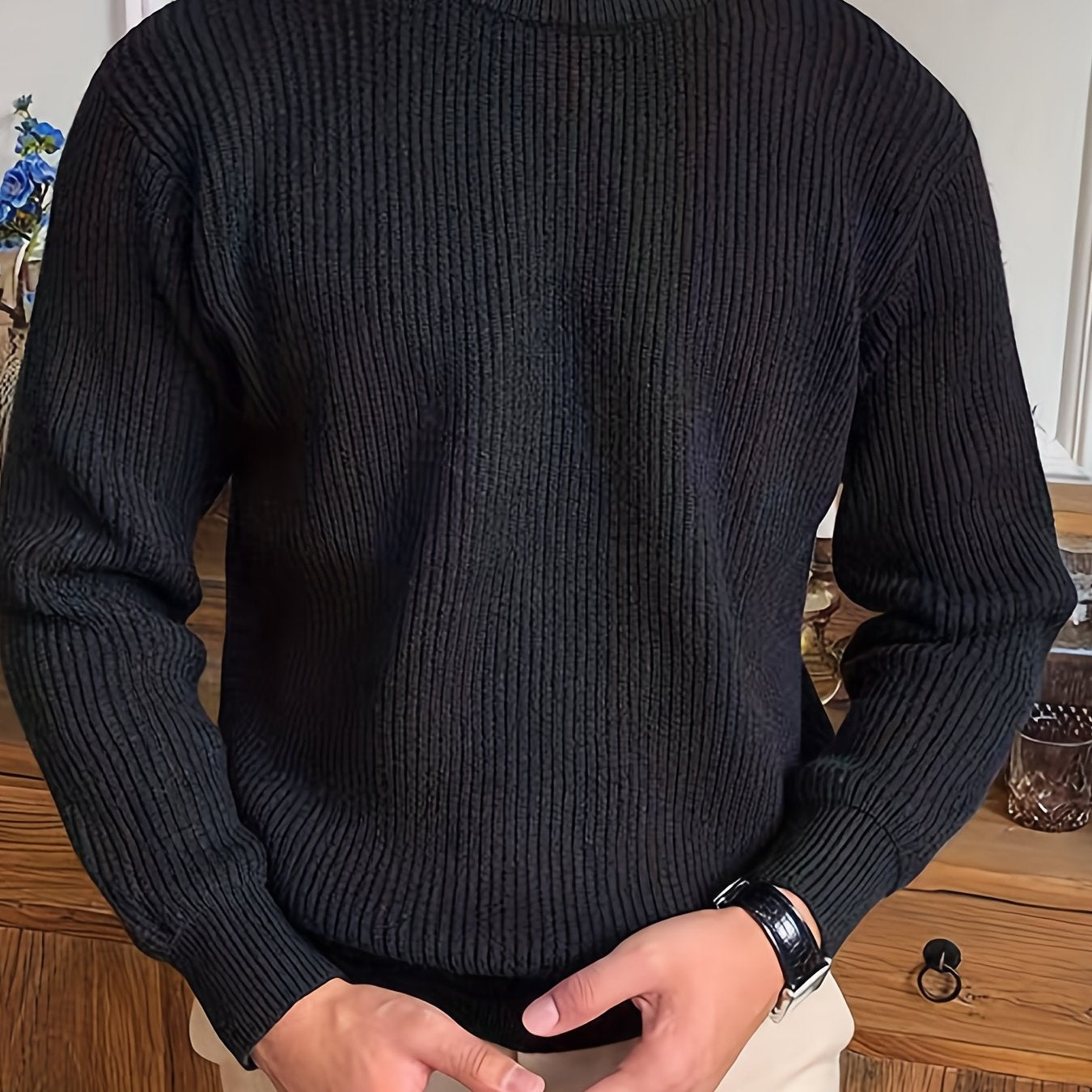 gbolsos Warm Texture Knitted Sweater, Men's Casual Solid Color Slightly Stretch Round Neck Pullover Sweater For Fall Winter