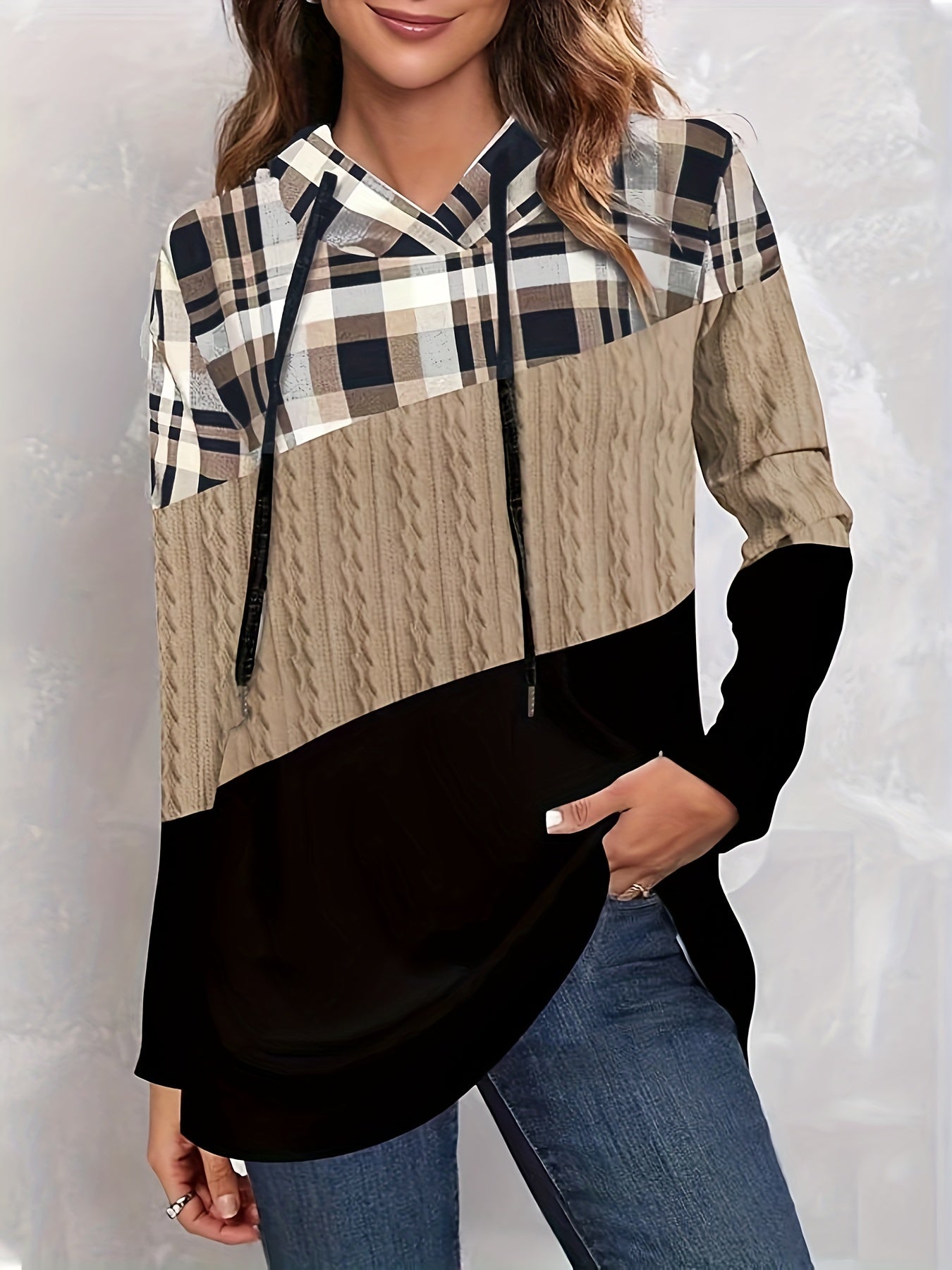 gbolsos Color Block Drawstring Hoodie, Casual Long Sleeve Hoodie, Women's Clothing