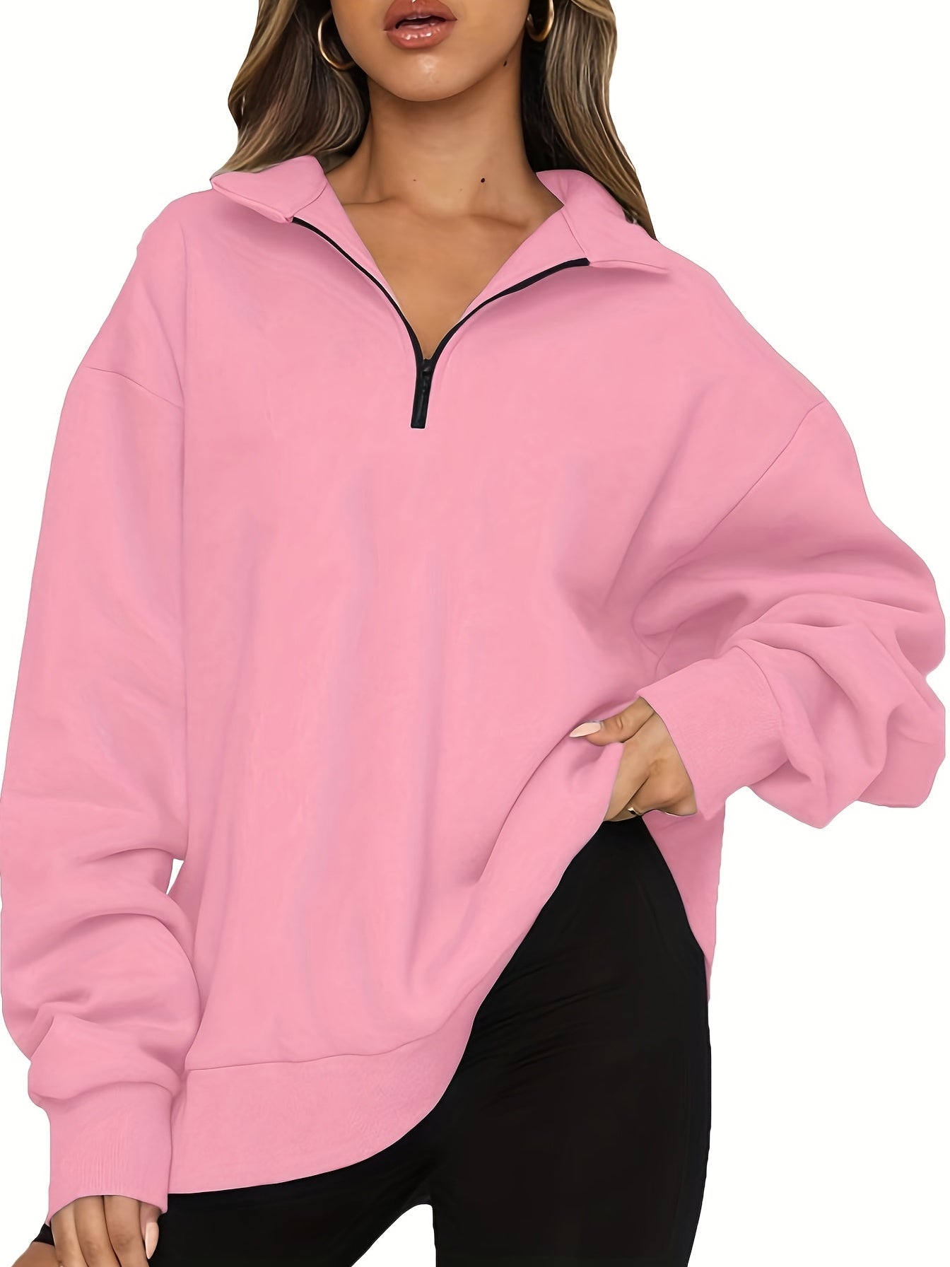 Quarter Zip Lapel Neck Sweatshirt, Casual Sporty Long Sleeve Sweatshirt For Fall & Winter, Women's Clothing