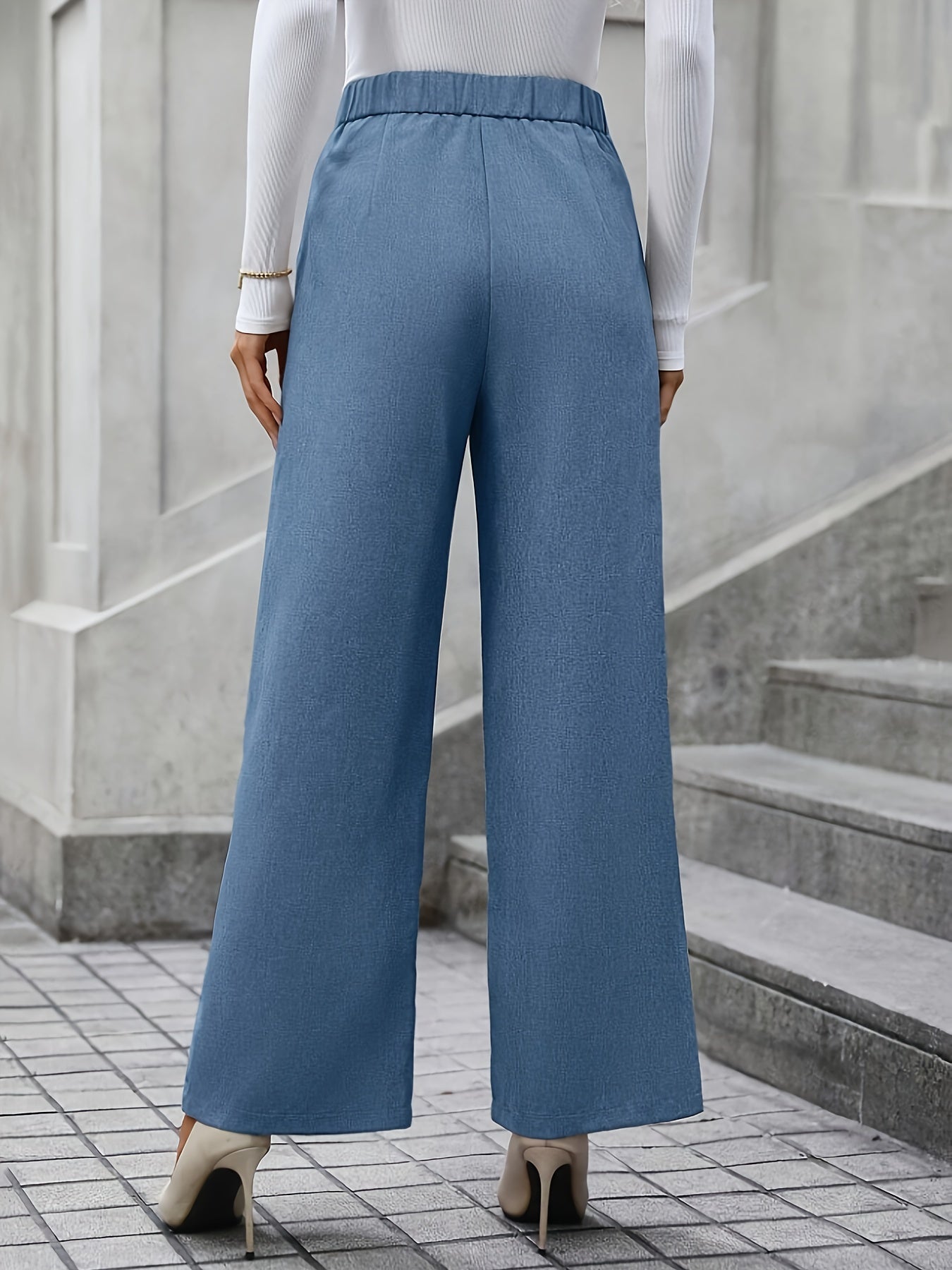 gbolsos Solid Button Decor Wide Leg Pants, Elegant High Waist Slant Pocket Pants, Women's Clothing