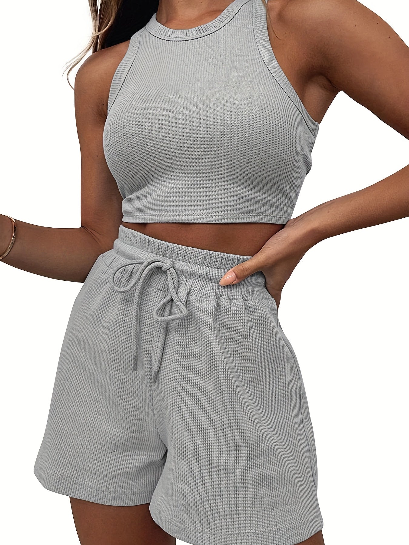gbolsos 2pcs Waffle Casual Sports Sets, Solid Crew Neck Sports Crop Tank Top & Drawstring Shorts, Women's Athleisure