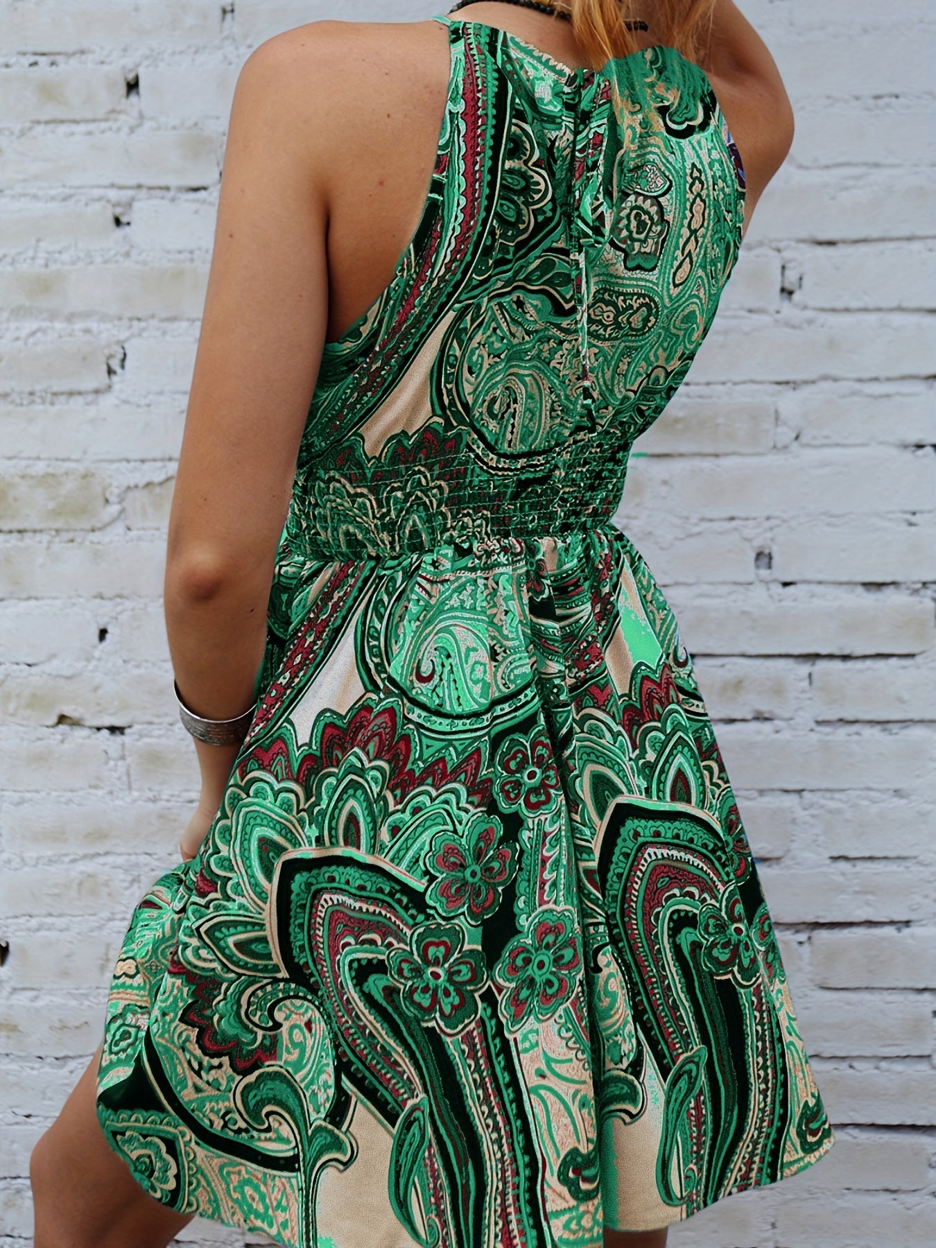 gbolsos Paisley Print Tie Back Dress, Boho Shirred Waist Sleeveless Dress, Women's Clothing