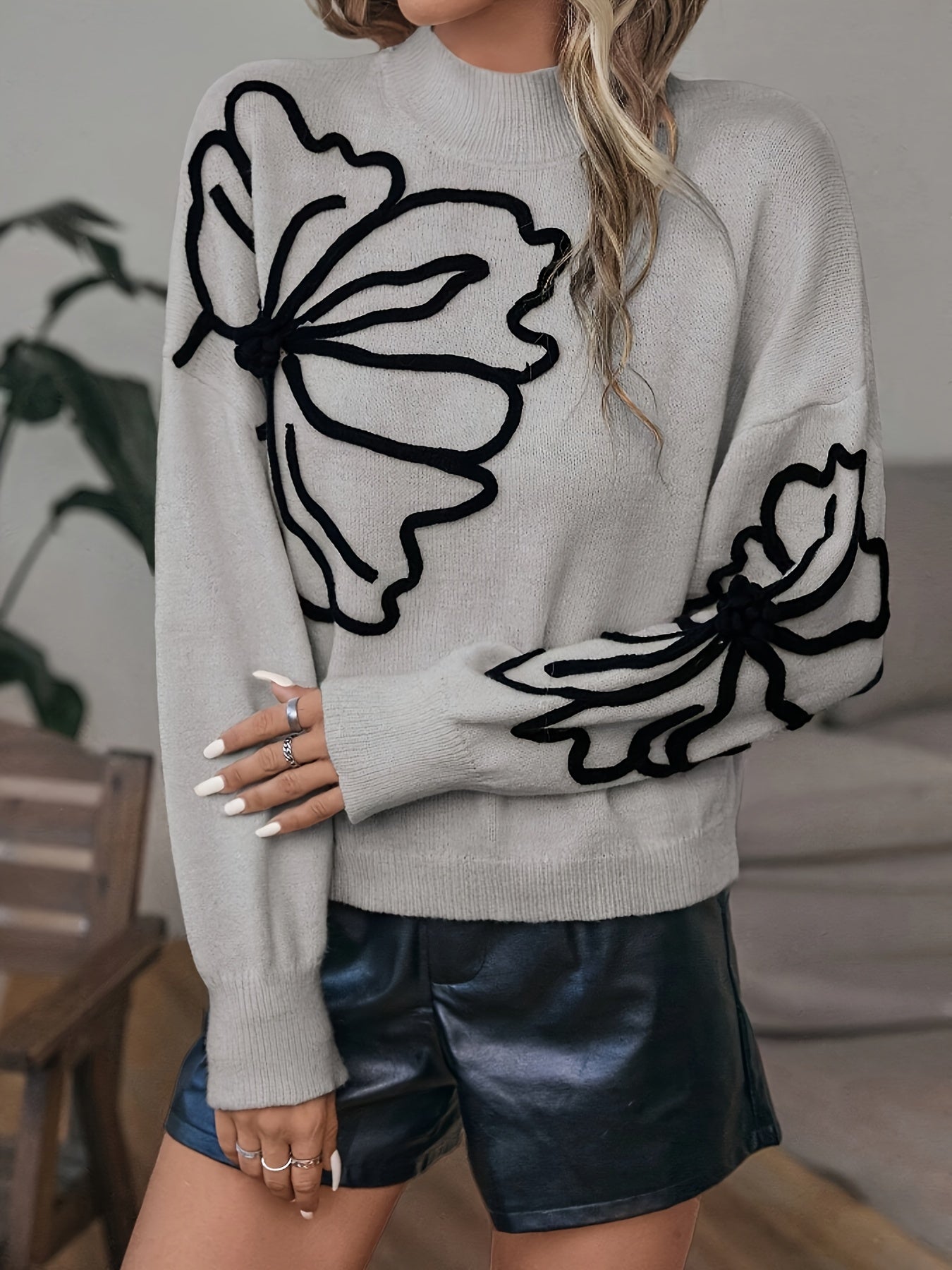 gbolsos Floral Knitted Pullover Sweater, Casual Long Sleeve Mock Neck Sweater For Fall & Winter, Women's Clothing