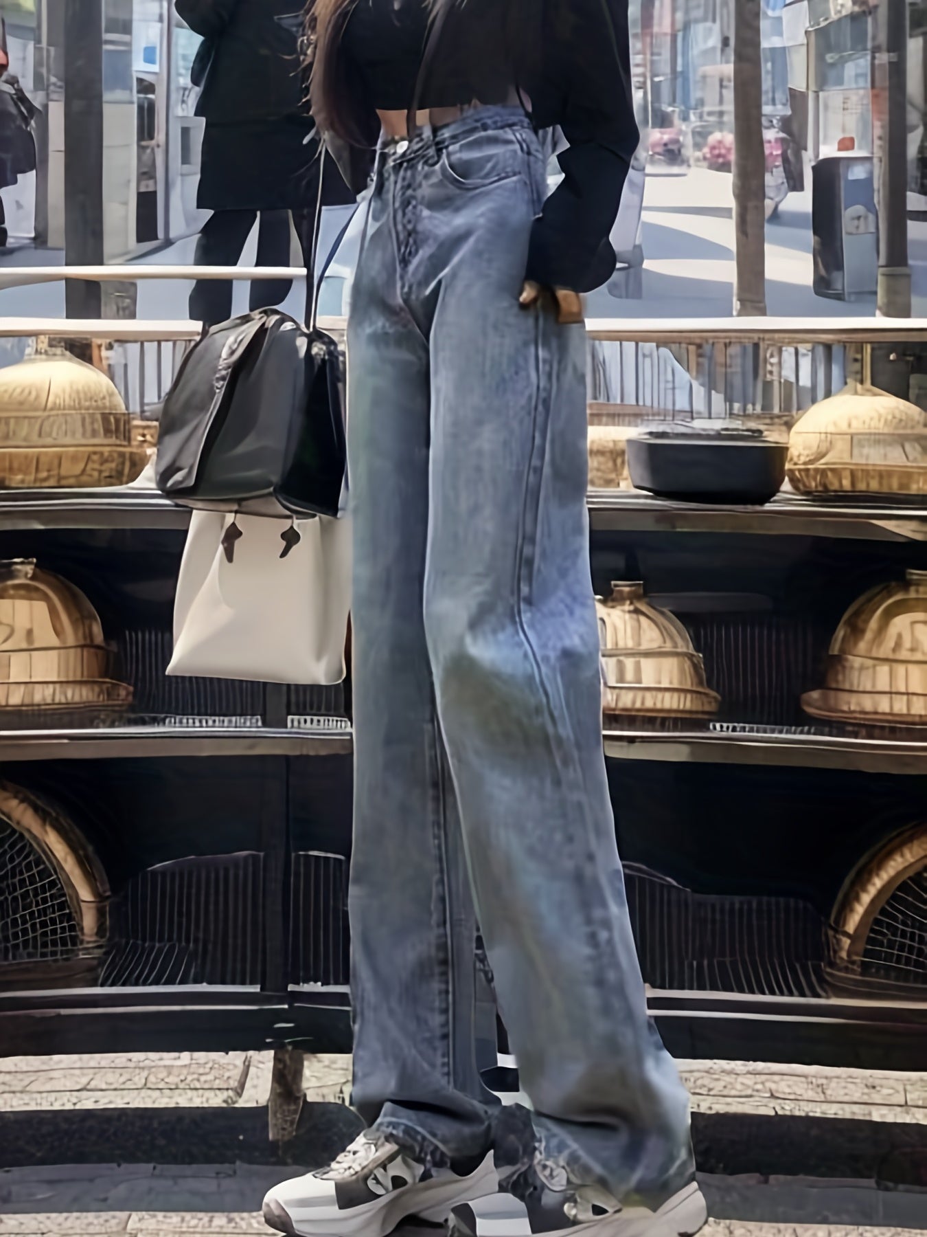 Blue Loose Fit Straight Jeans, Slant Pockets Non-Stretch Casual Wide Legs Jeans, Women's Denim Jeans & Clothing