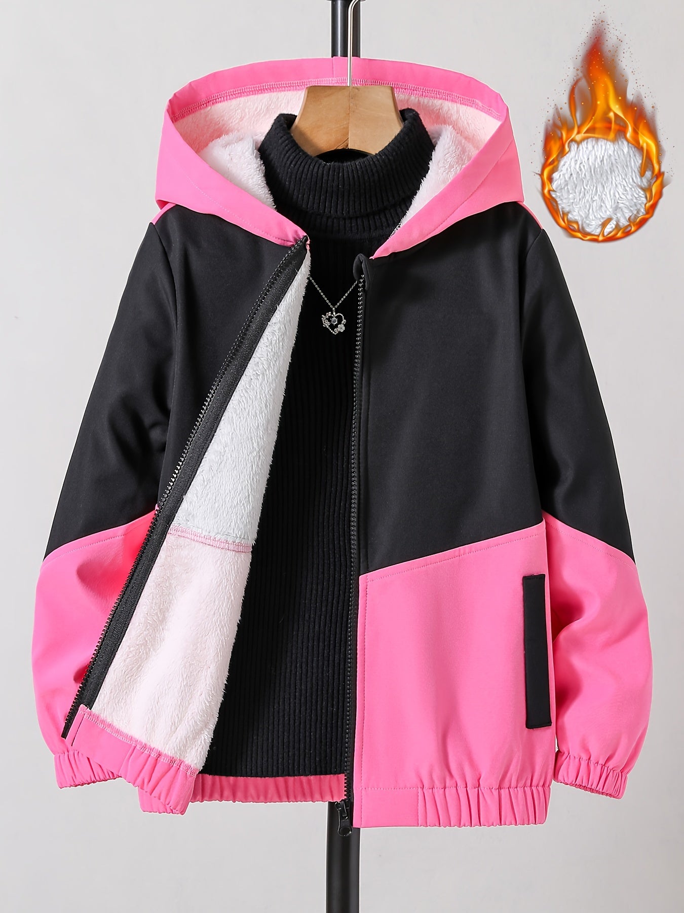 gbolsos Girls Chevron Color Block Hooded Fleece Lined Windbreaker Jacket For Teen Kids Autumn And Winter