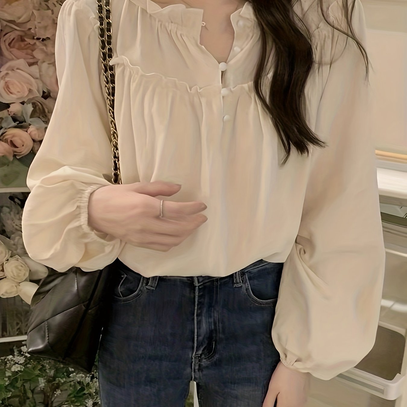 gbolsos Lettuce Trim Solid Blouse, Casual Crew Neck Long Sleeve Blouse, Women's Clothing