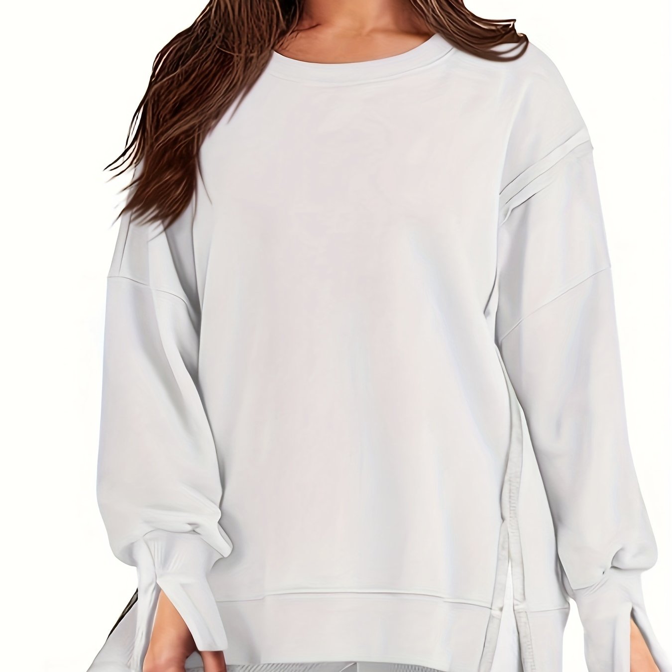 Top-stitching Dipped Hem Pullover Sweatshirt, Casual Long Sleeve Crew Neck Sweatshirt For Fall & Winter, Women's Clothing