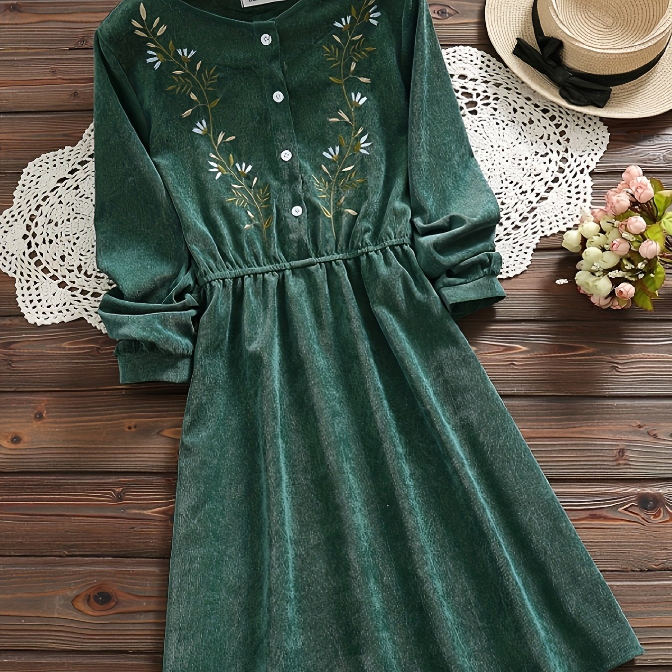 Button Front Floral Embroidered Dress, Vintage Slim Waist Pleated Long Sleeve Dress, Women's Clothing