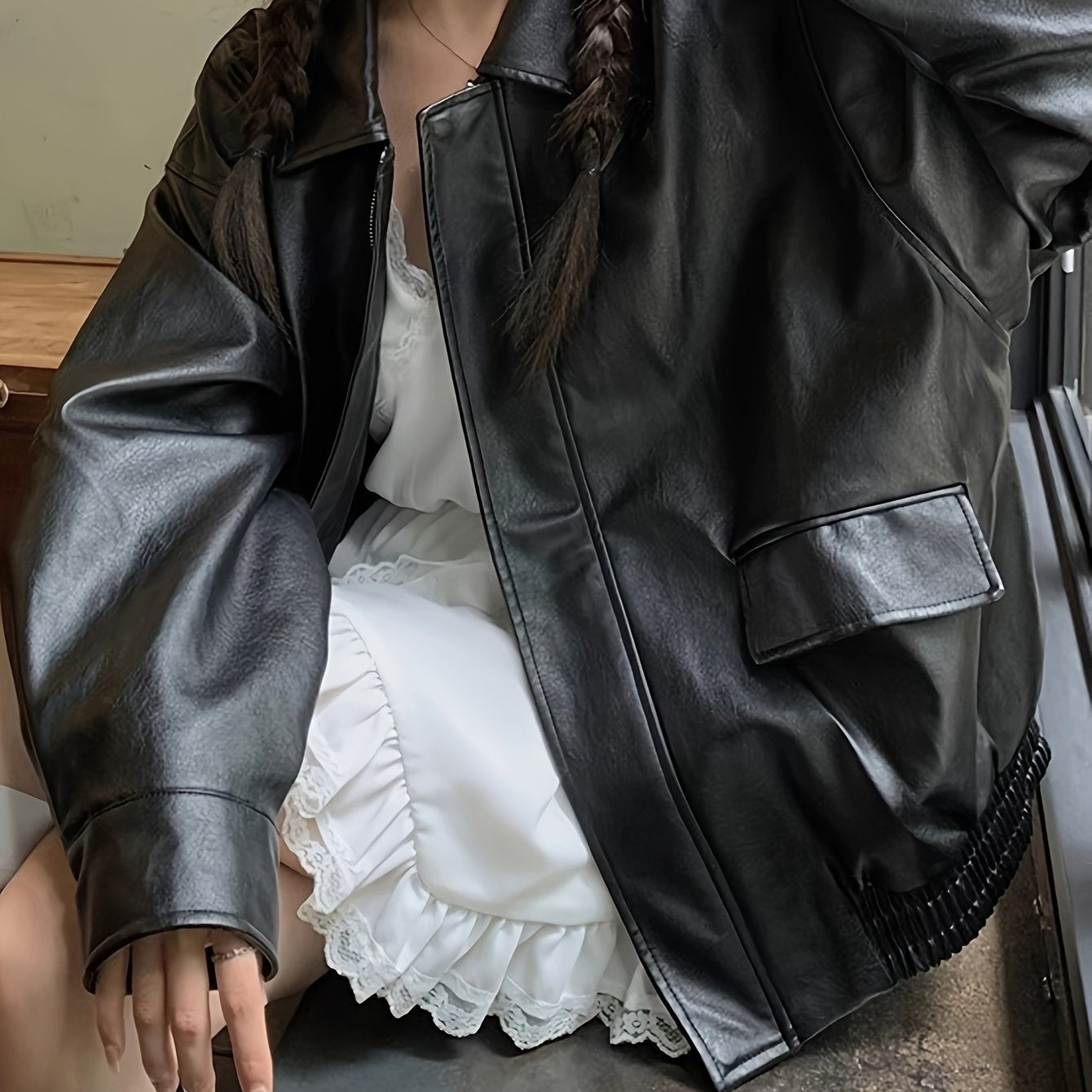 gbolsos Solid Faux Leather Zipper Jacket, Vintage Oversized Long Sleeve Outwear For Fall & Winter, Women's Clothing