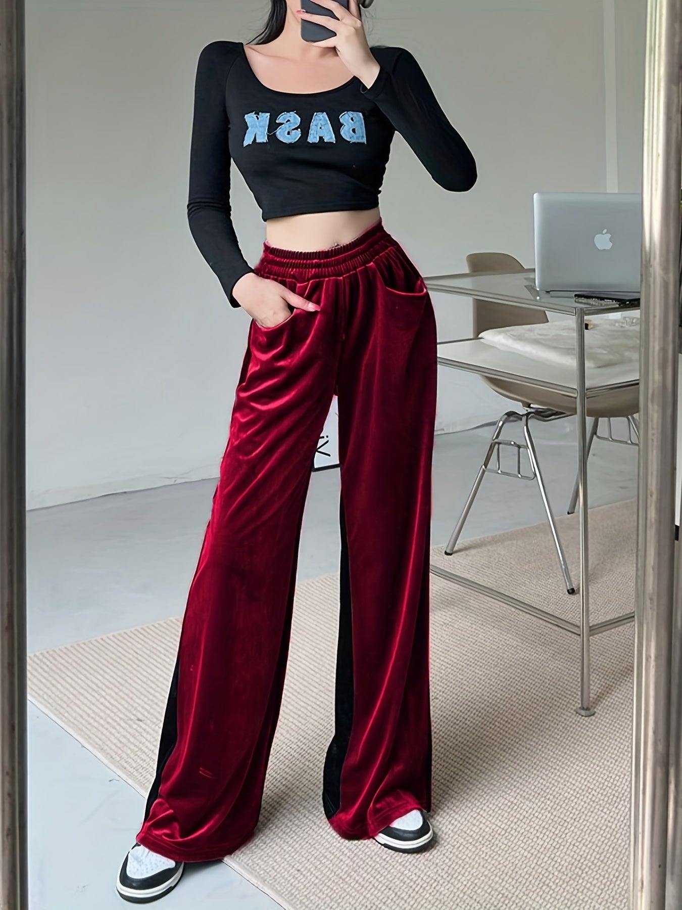 Velvet High Waist Pants, Casual Elastic Wide Leg Draped Pants With Pockets, Women's Clothing