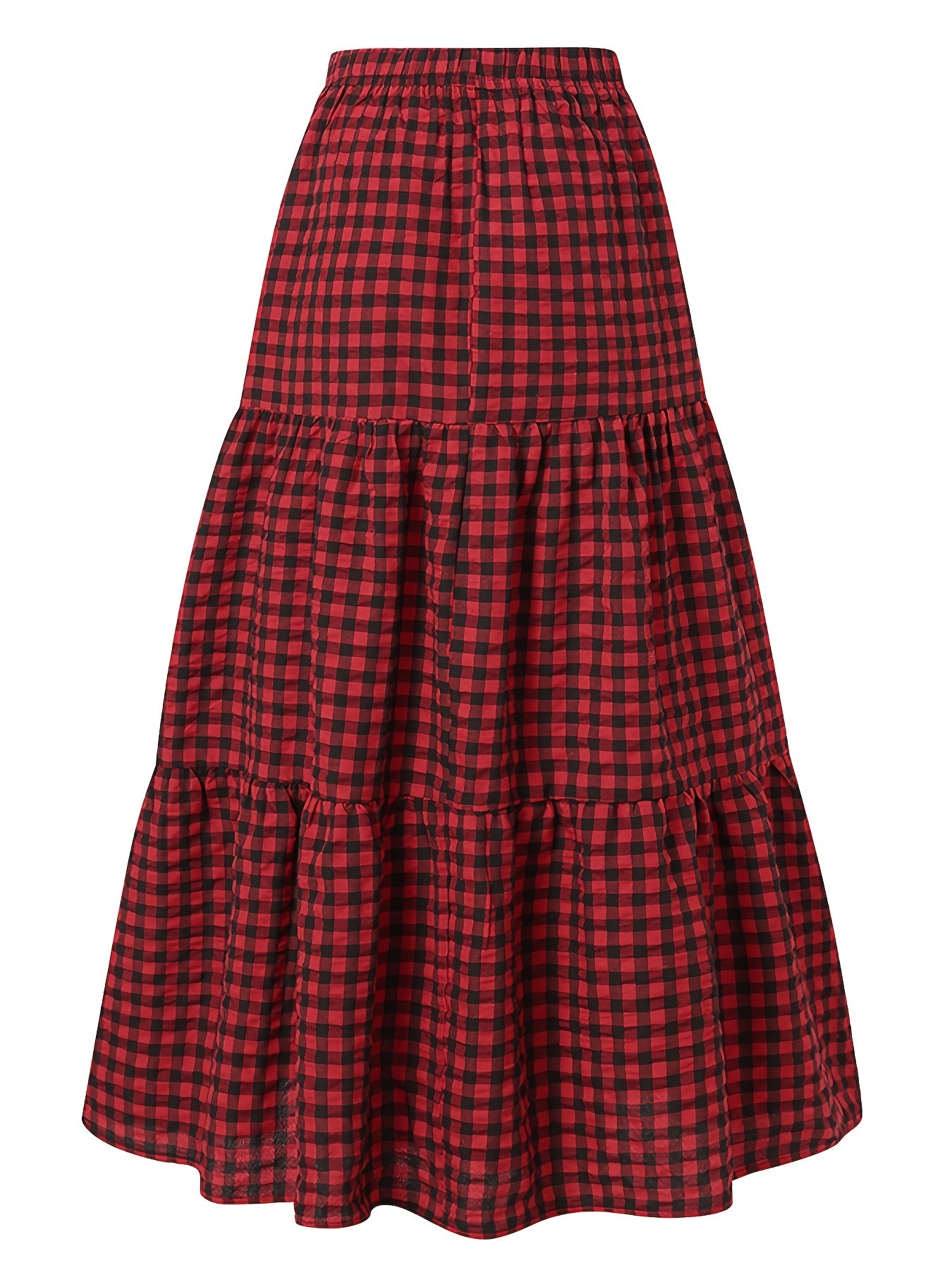 Plus Size Gingham Print Layered High Rise Maxi Skirt, Women's Plus Preppy Casual Long Skirt