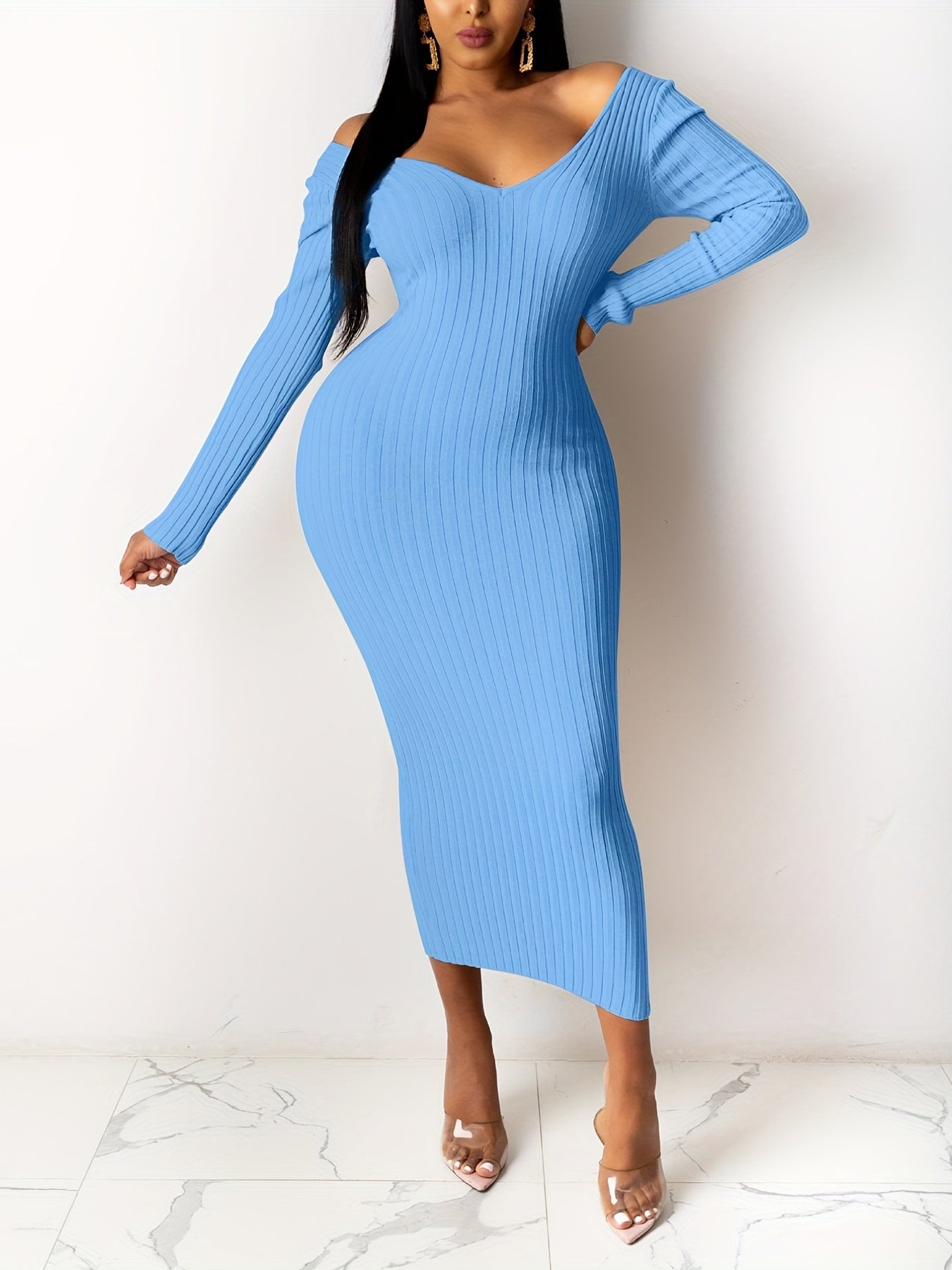 gbolsos Off Shoulder Bodycon Dress, Elegant Backless Long Sleeve Dress, Women's Clothing